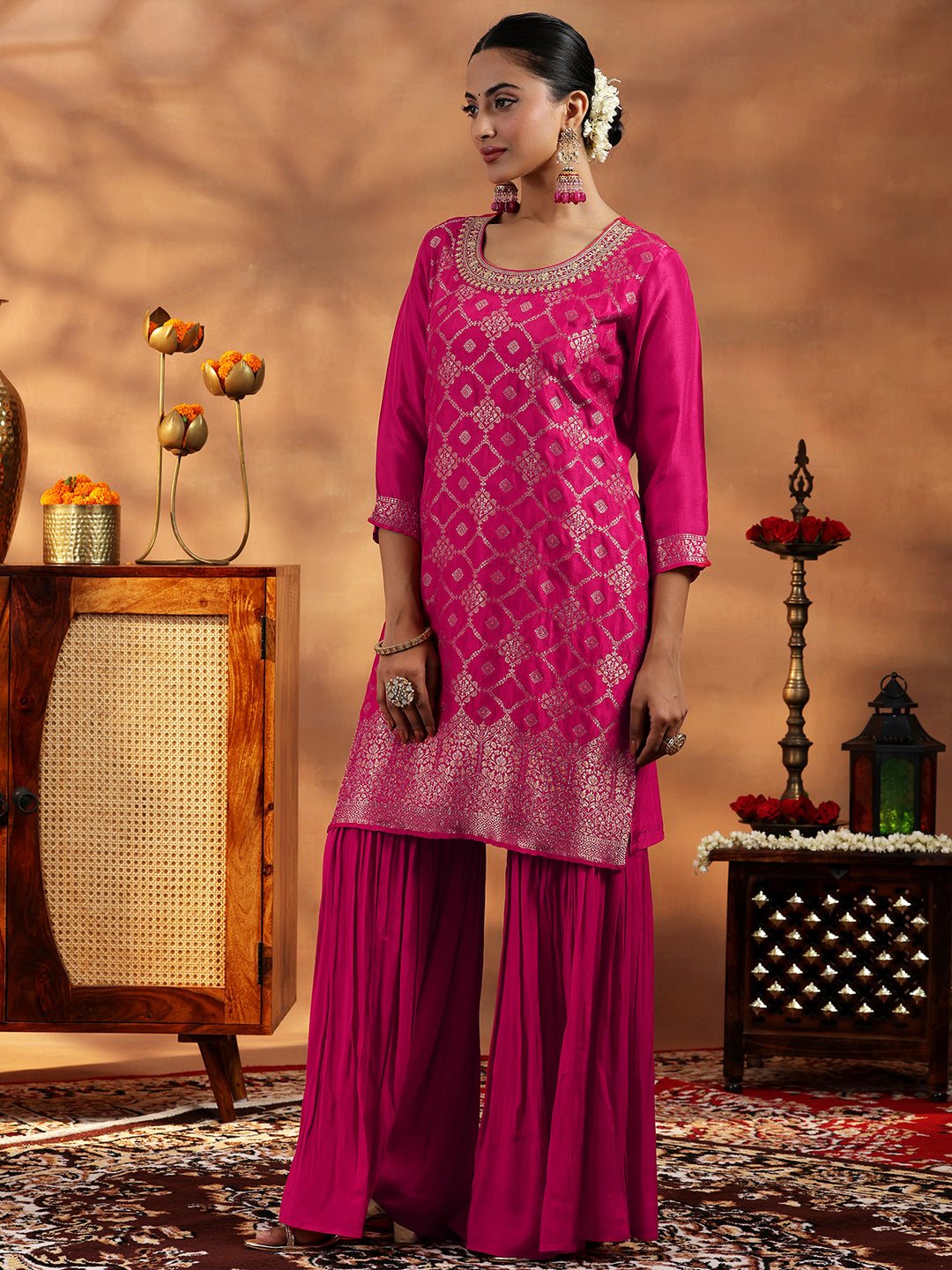 Pink Woven Design Silk Blend Straight Suit With Dupatta