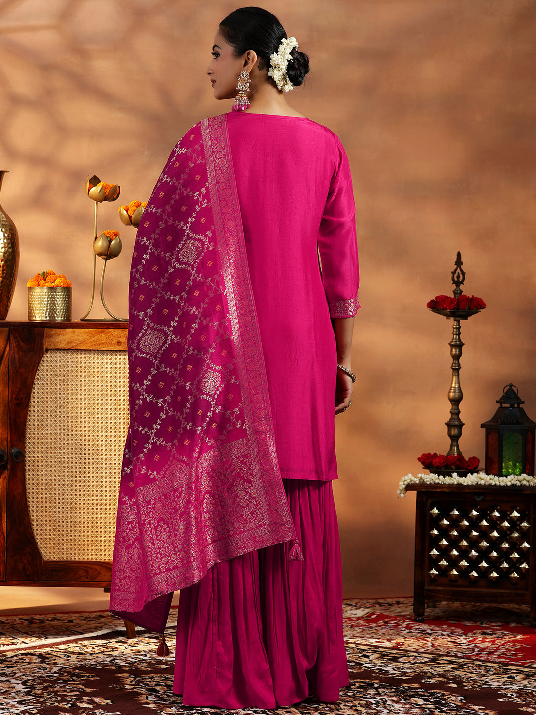 Pink Woven Design Silk Blend Straight Suit With Dupatta