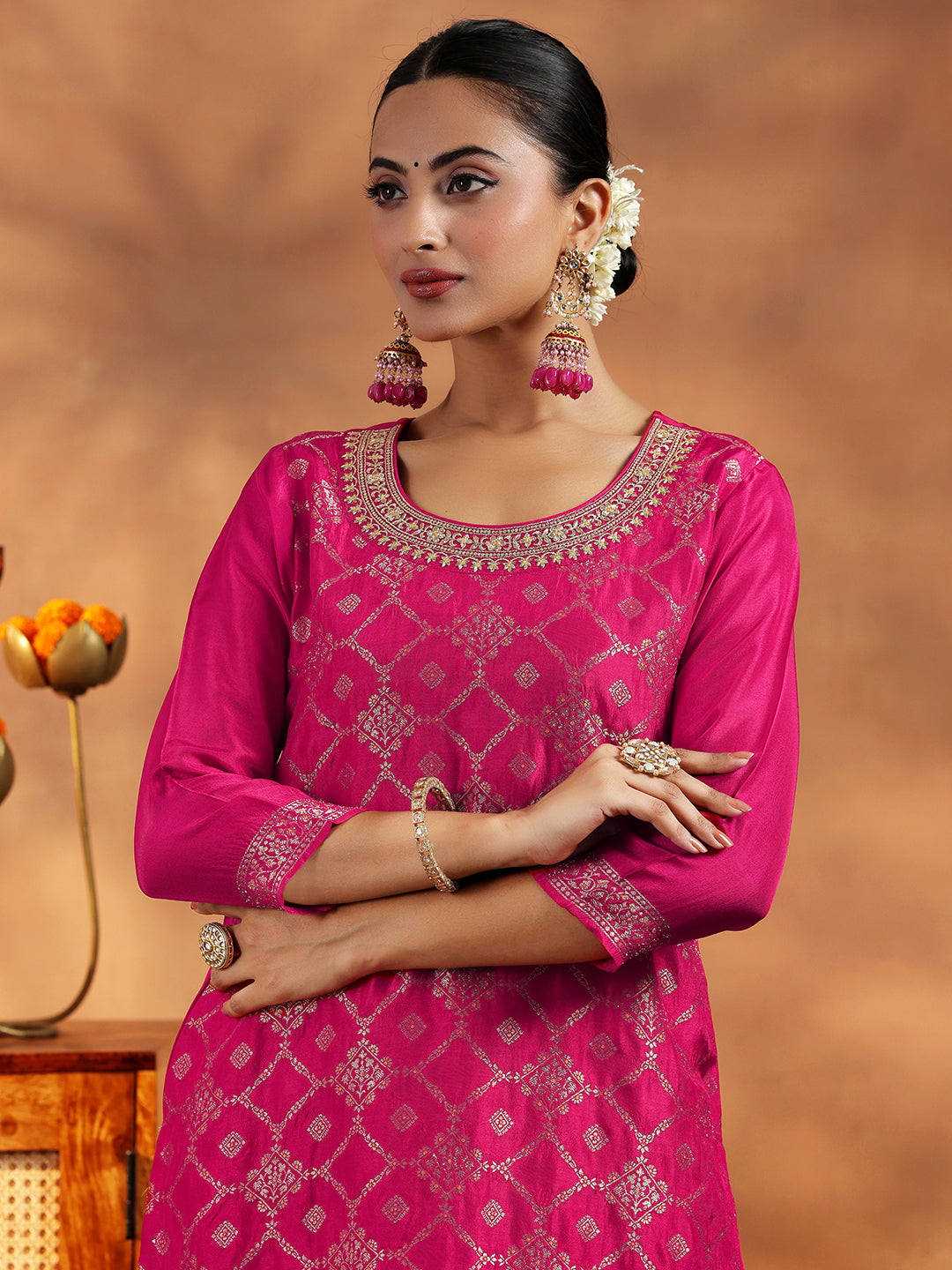 Pink Woven Design Silk Blend Straight Suit With Dupatta