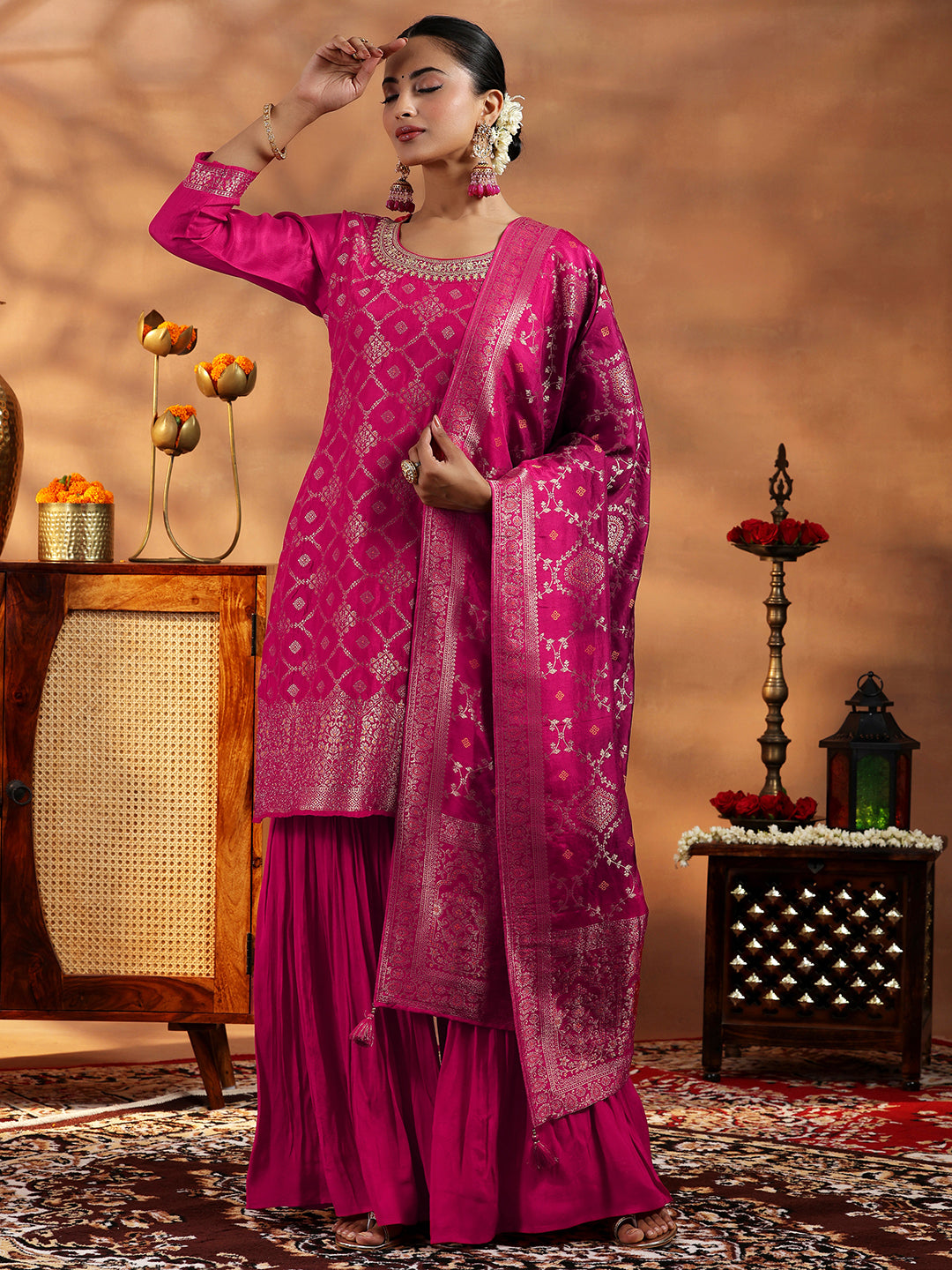 Pink Woven Design Silk Blend Straight Suit With Dupatta