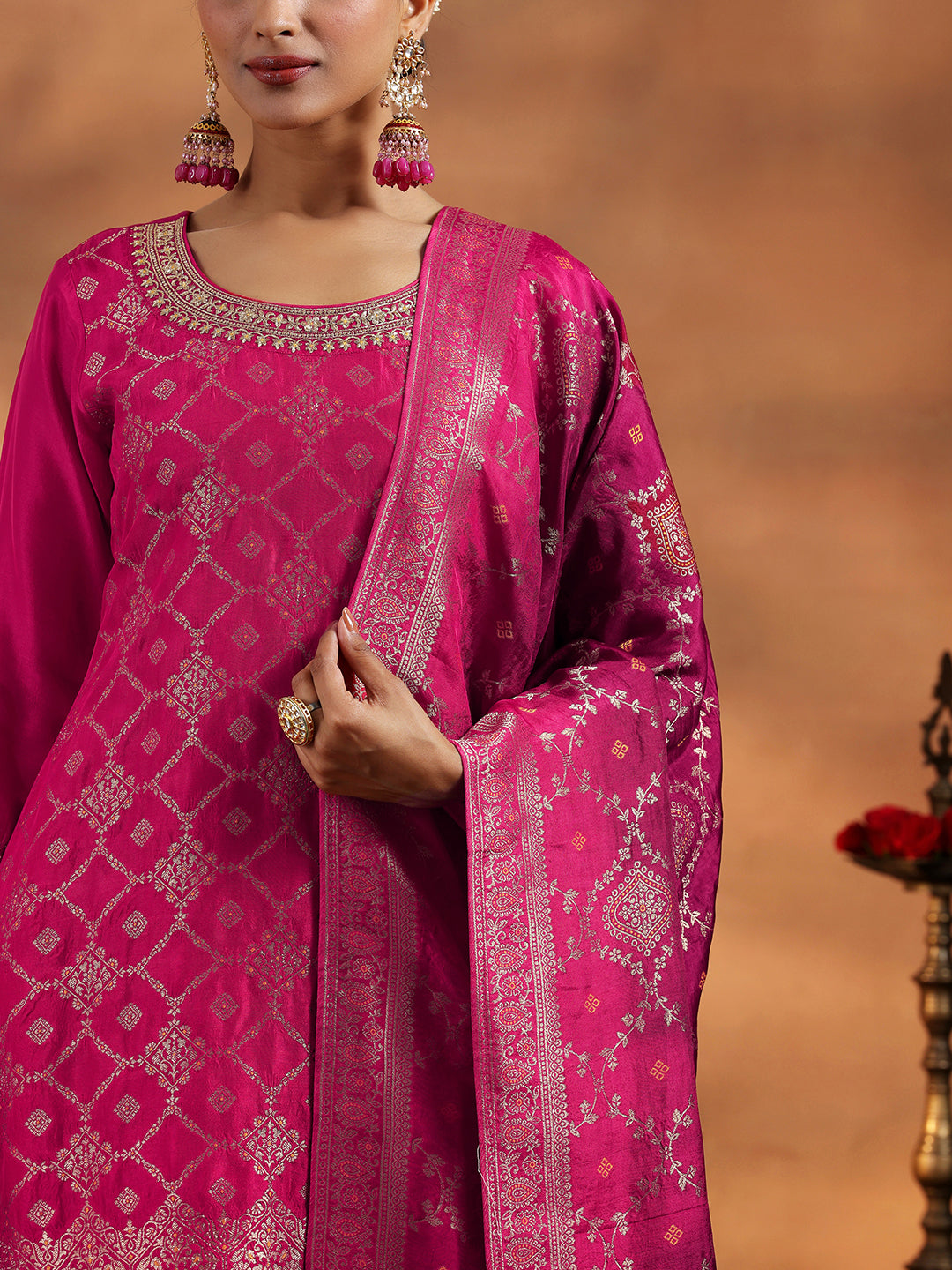 Pink Woven Design Silk Blend Straight Suit With Dupatta