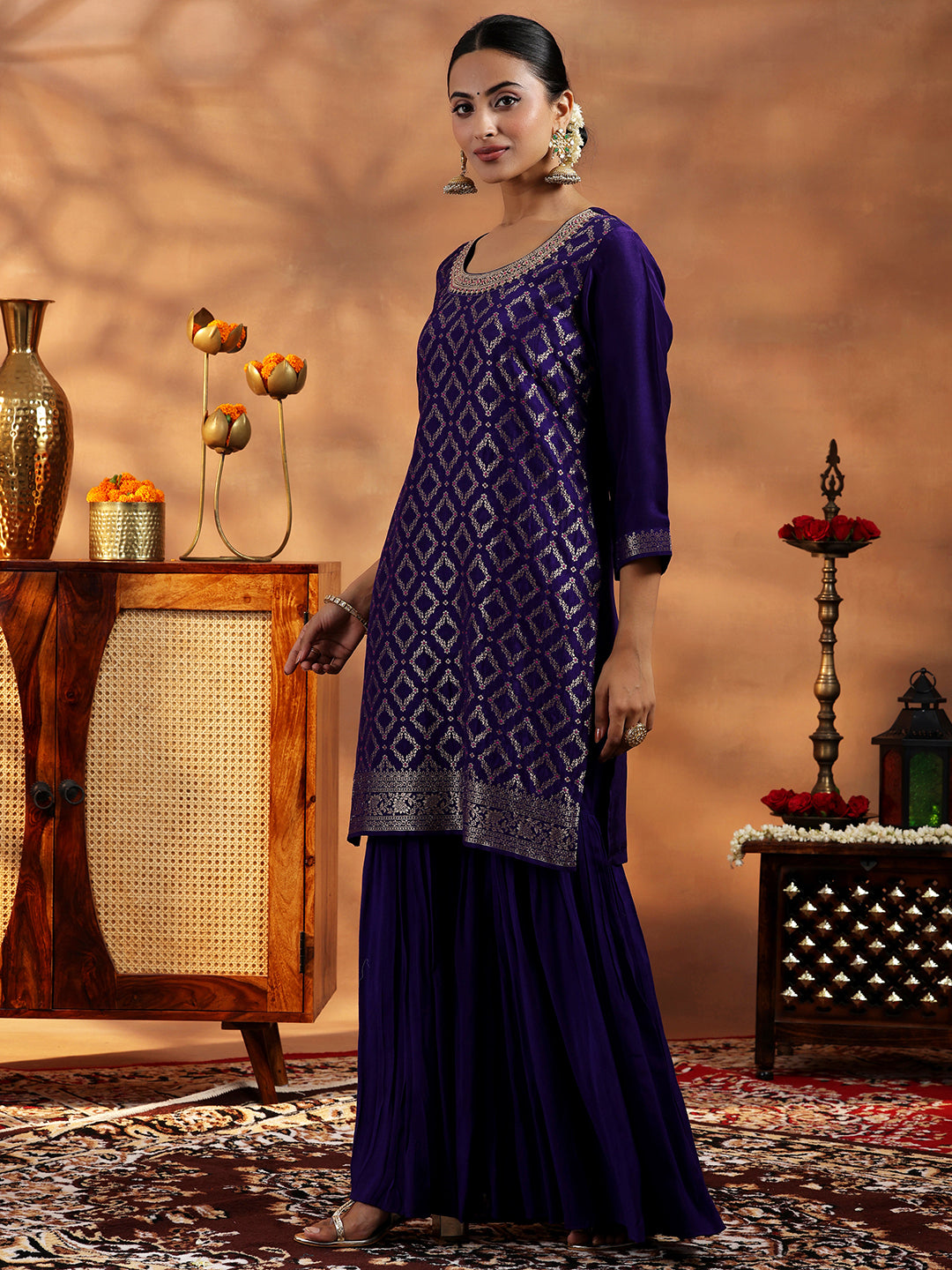 Purple Woven Design Silk Blend Straight Suit With Dupatta