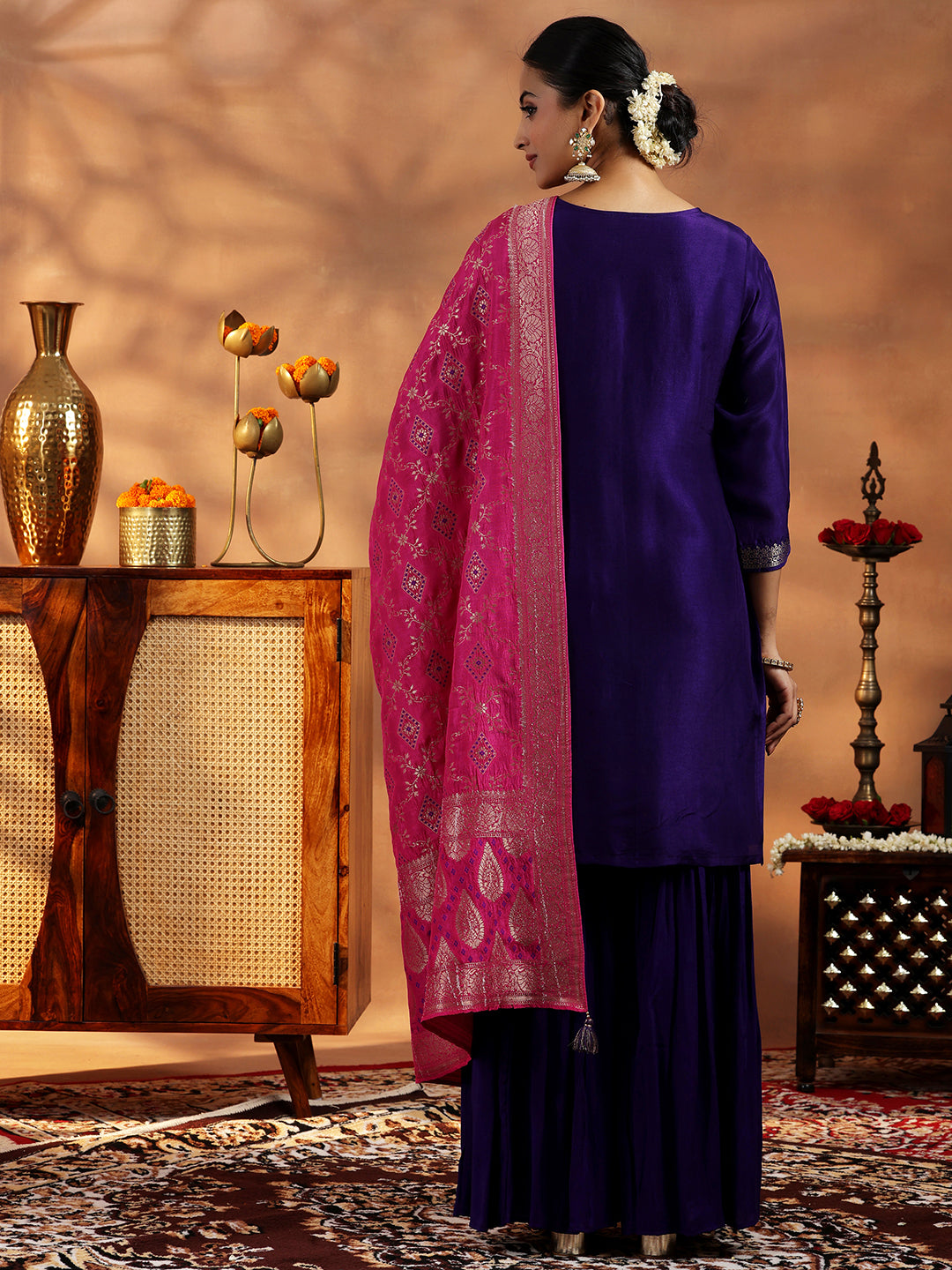 Purple Woven Design Silk Blend Straight Suit With Dupatta