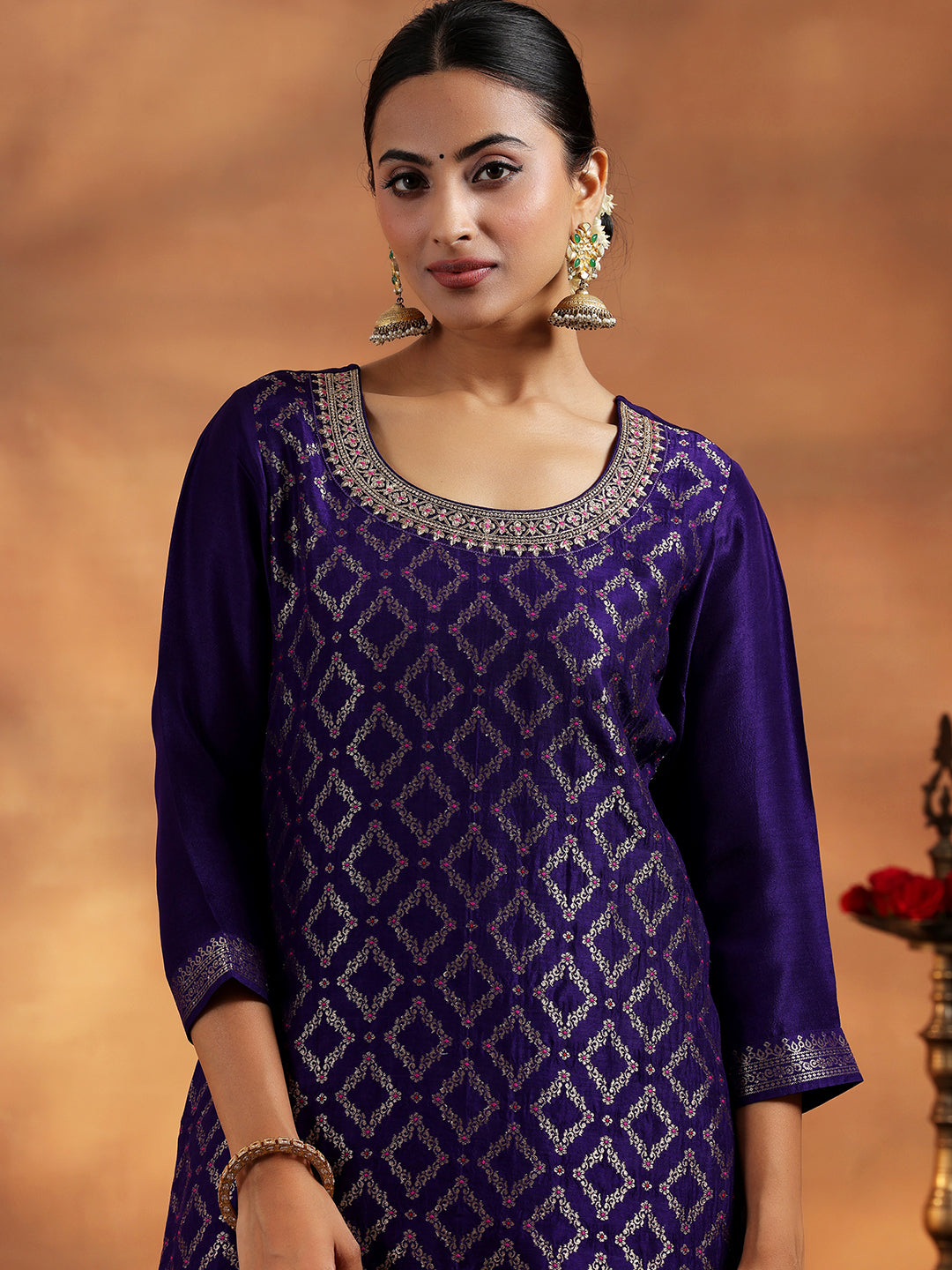 Purple Woven Design Silk Blend Straight Suit With Dupatta