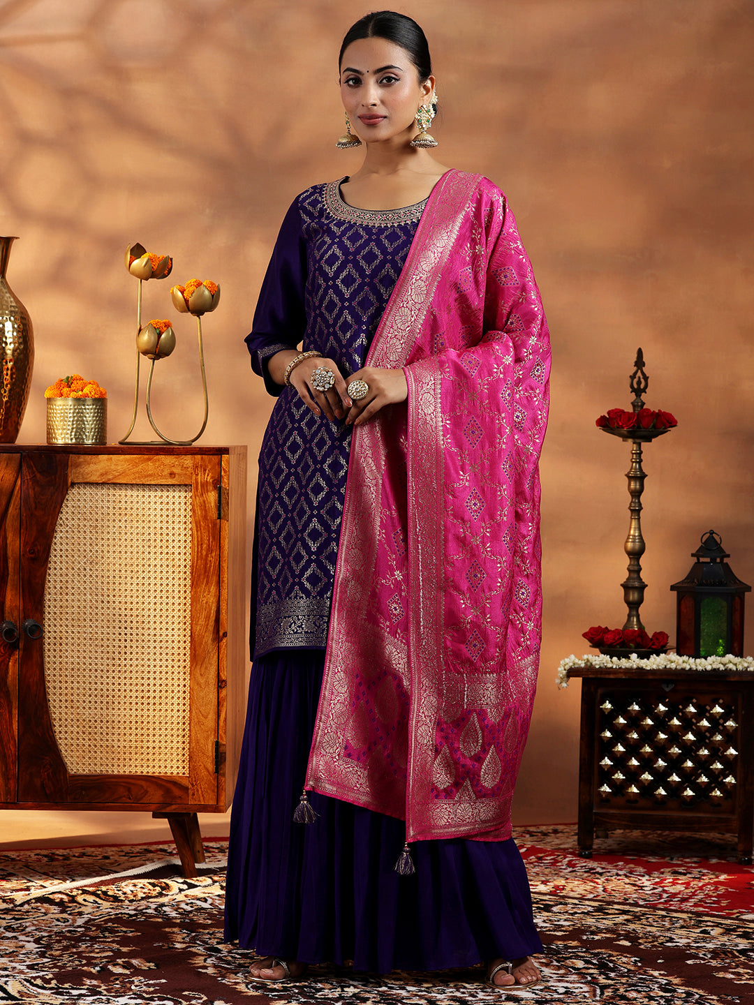 Purple Woven Design Silk Blend Straight Suit With Dupatta