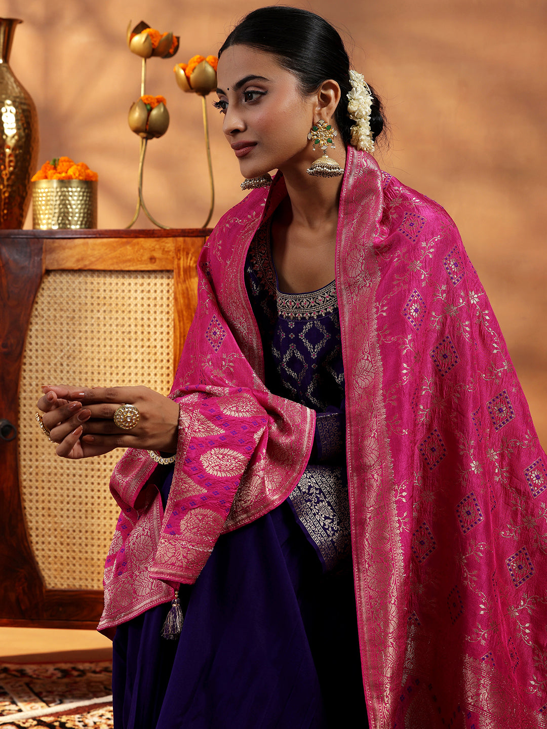 Purple Woven Design Silk Blend Straight Suit With Dupatta