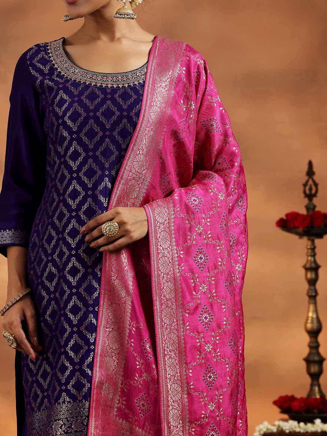 Purple Woven Design Silk Blend Straight Suit With Dupatta