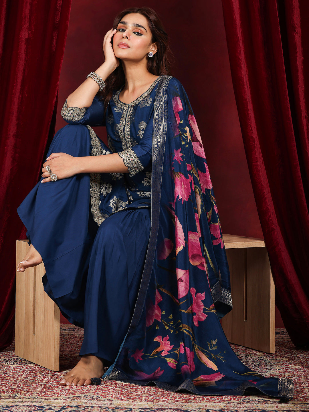 Libas Art Blue Woven Design Silk Blend Straight Suit With Dupatta