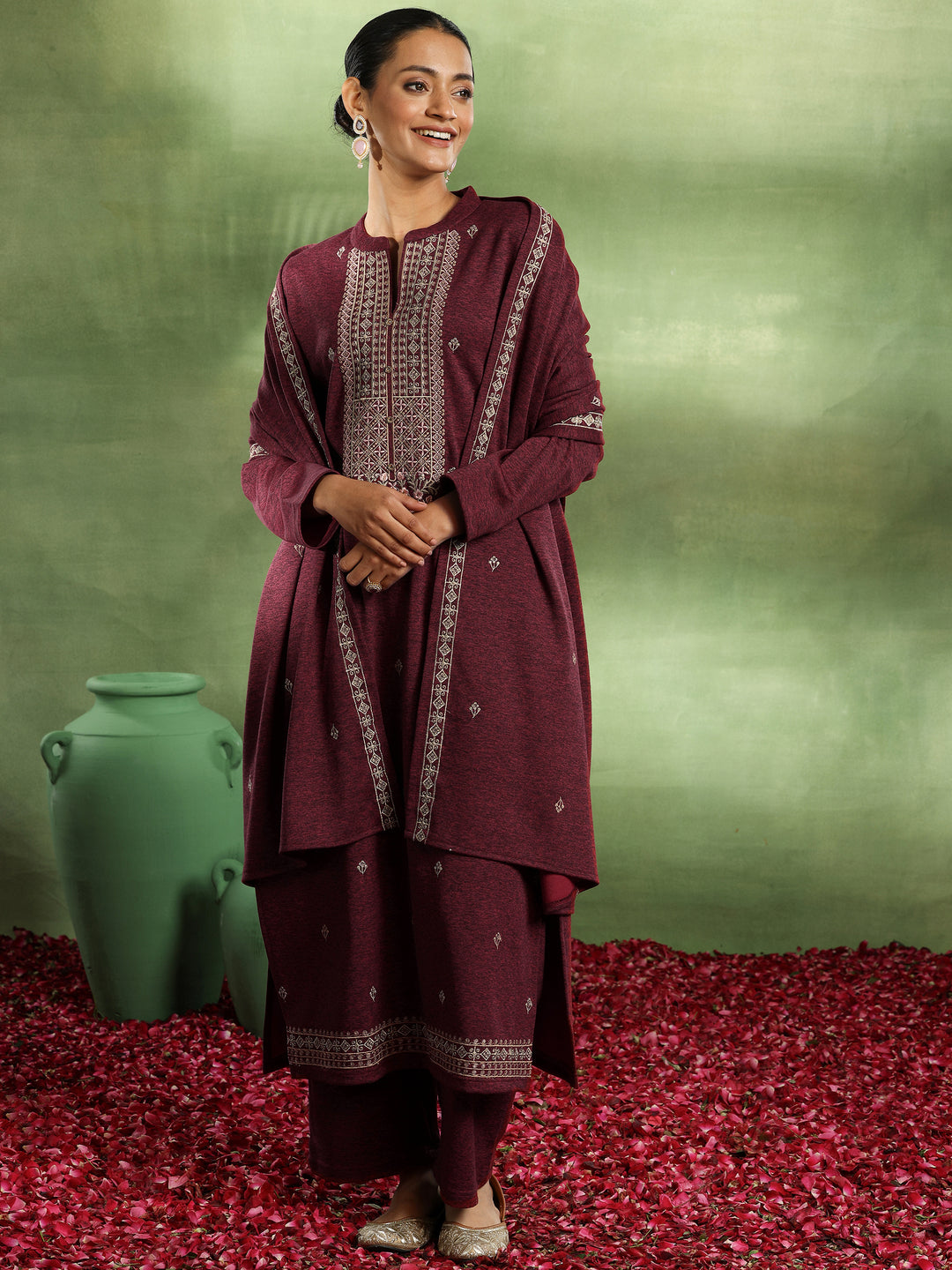 Red Embroidered Wool Blend Straight Suit With Dupatta