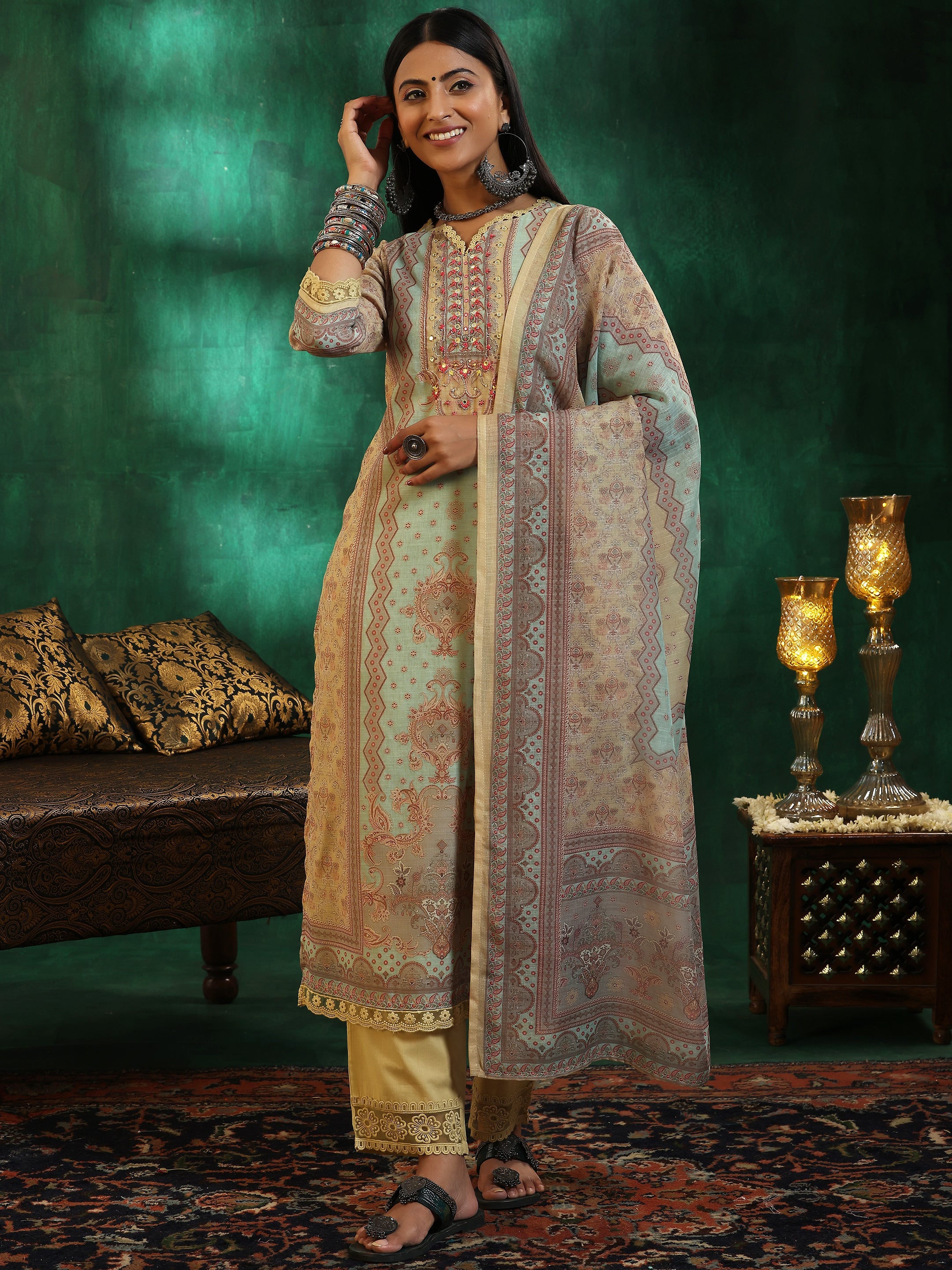 Yellow Printed Linen Straight Suit With Dupatta