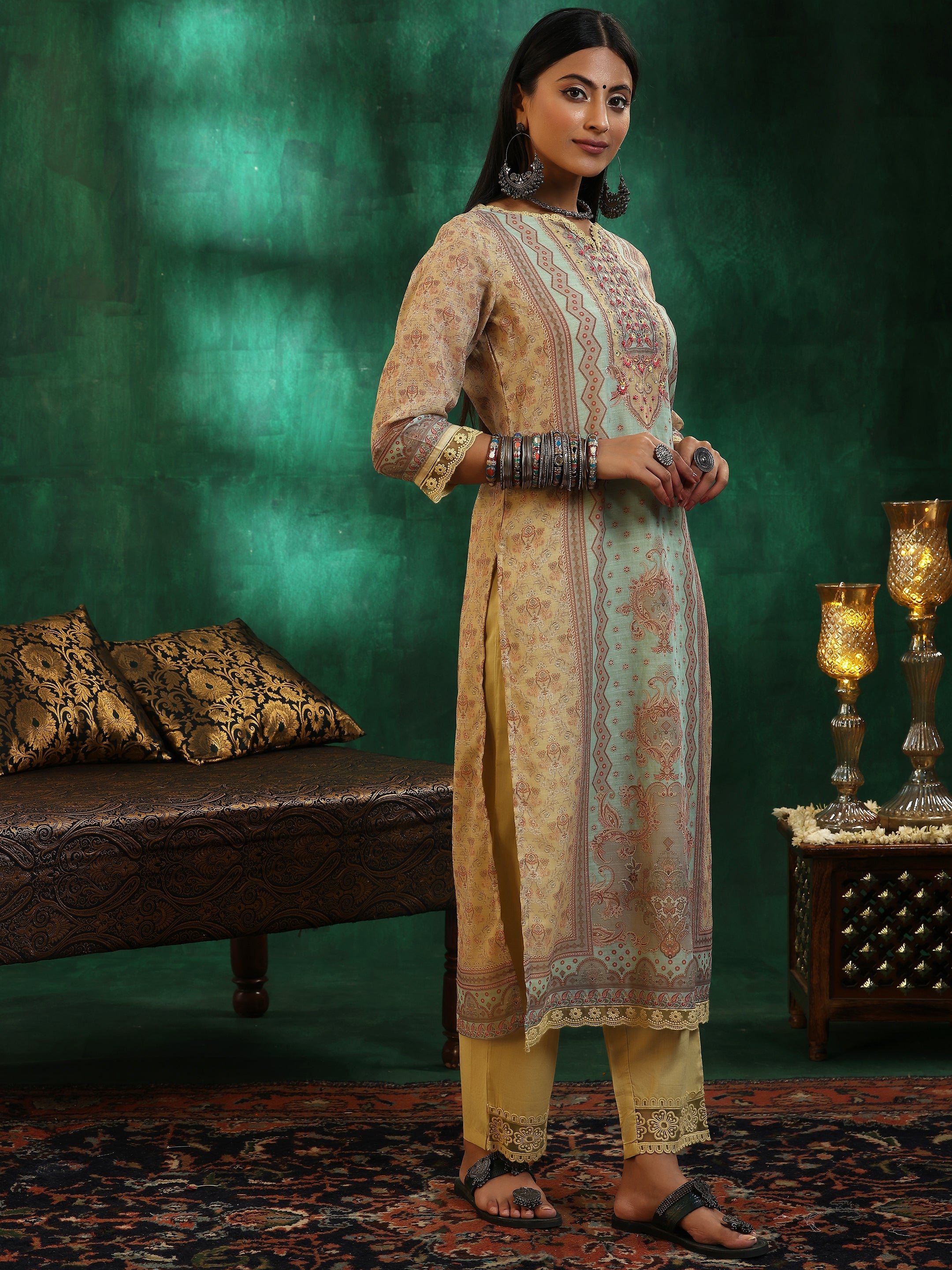 Yellow Printed Linen Straight Suit With Dupatta