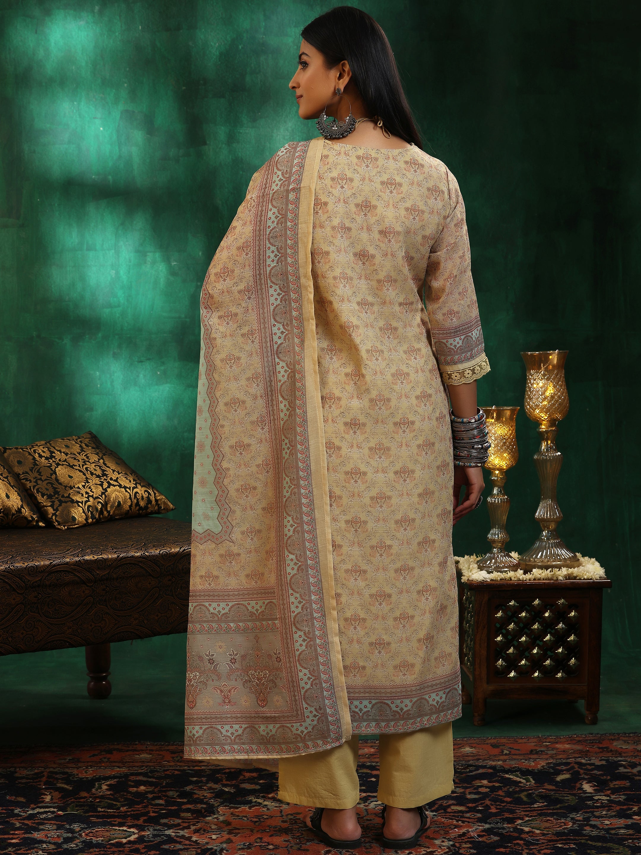 Yellow Printed Linen Straight Suit With Dupatta