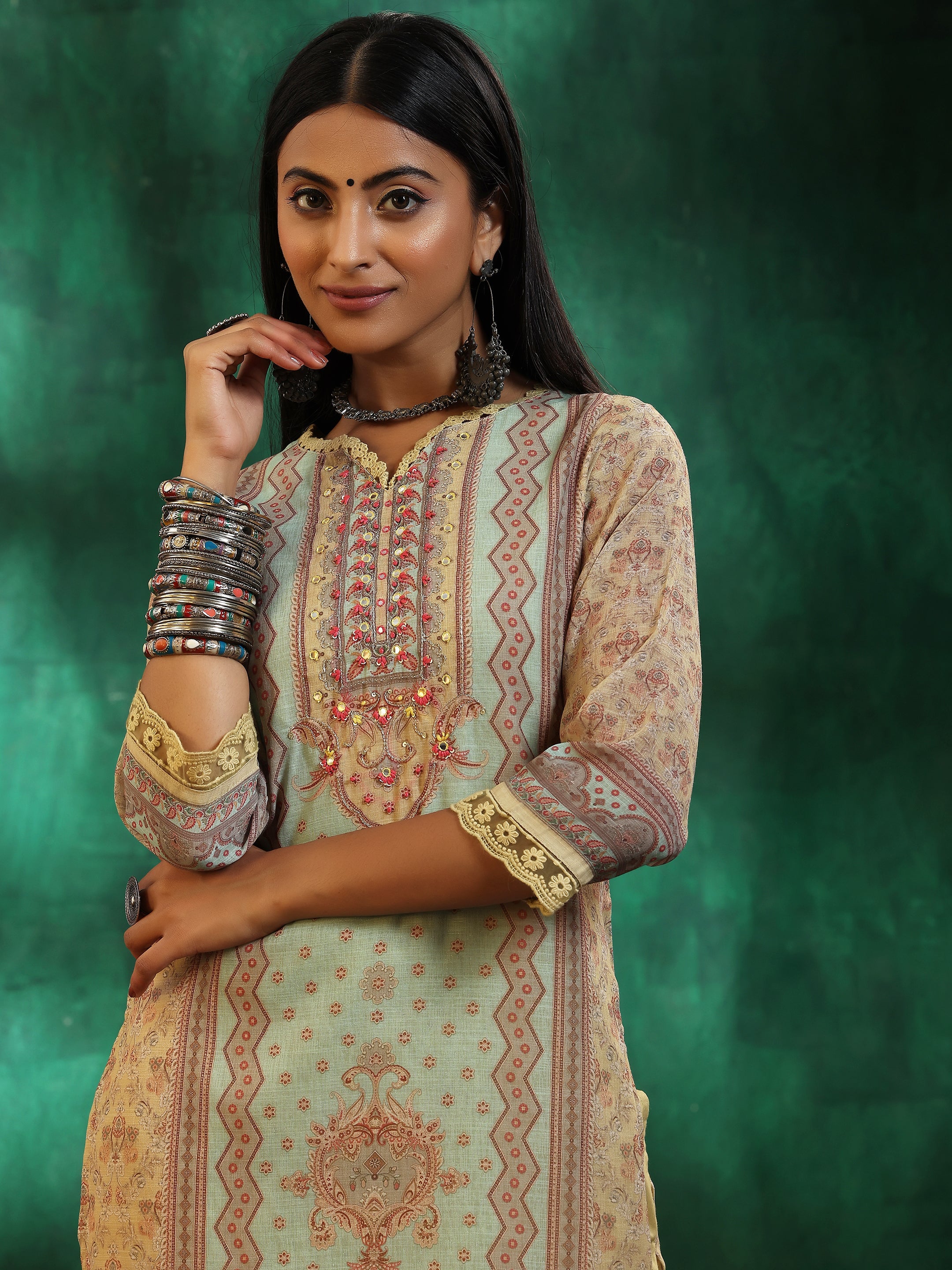 Yellow Printed Linen Straight Suit With Dupatta