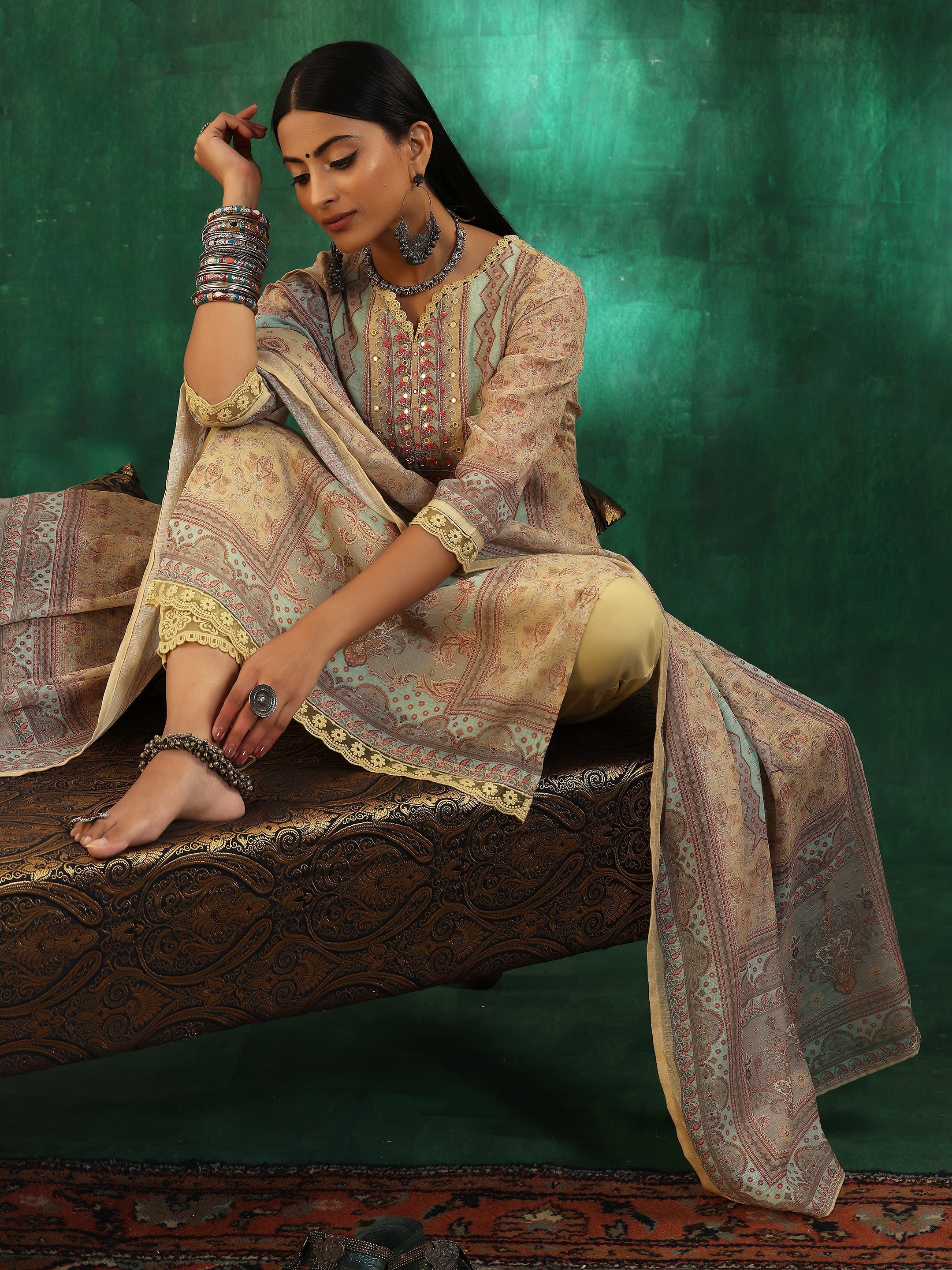 Yellow Printed Linen Straight Suit With Dupatta