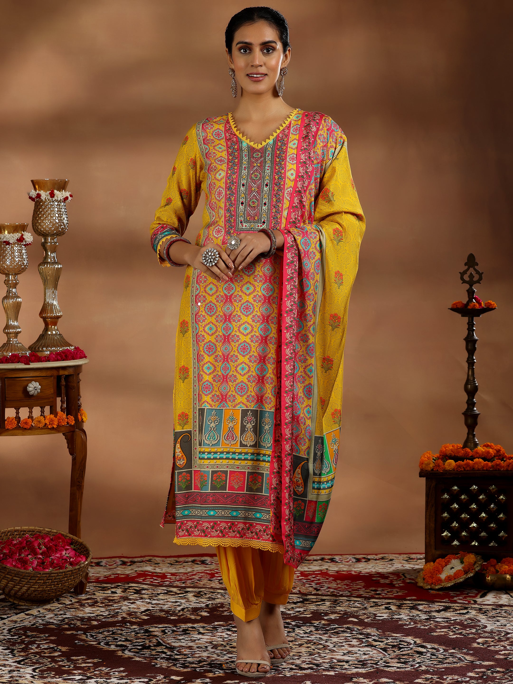 Yellow Printed Silk Blend Straight Suit With Dupatta