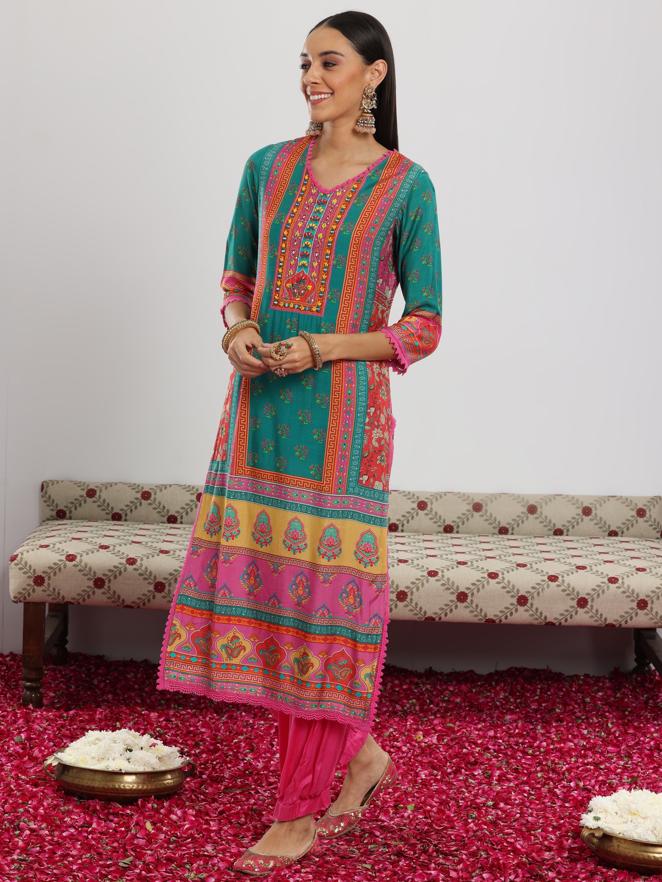 Multi Printed Silk Blend Straight Suit With Dupatta