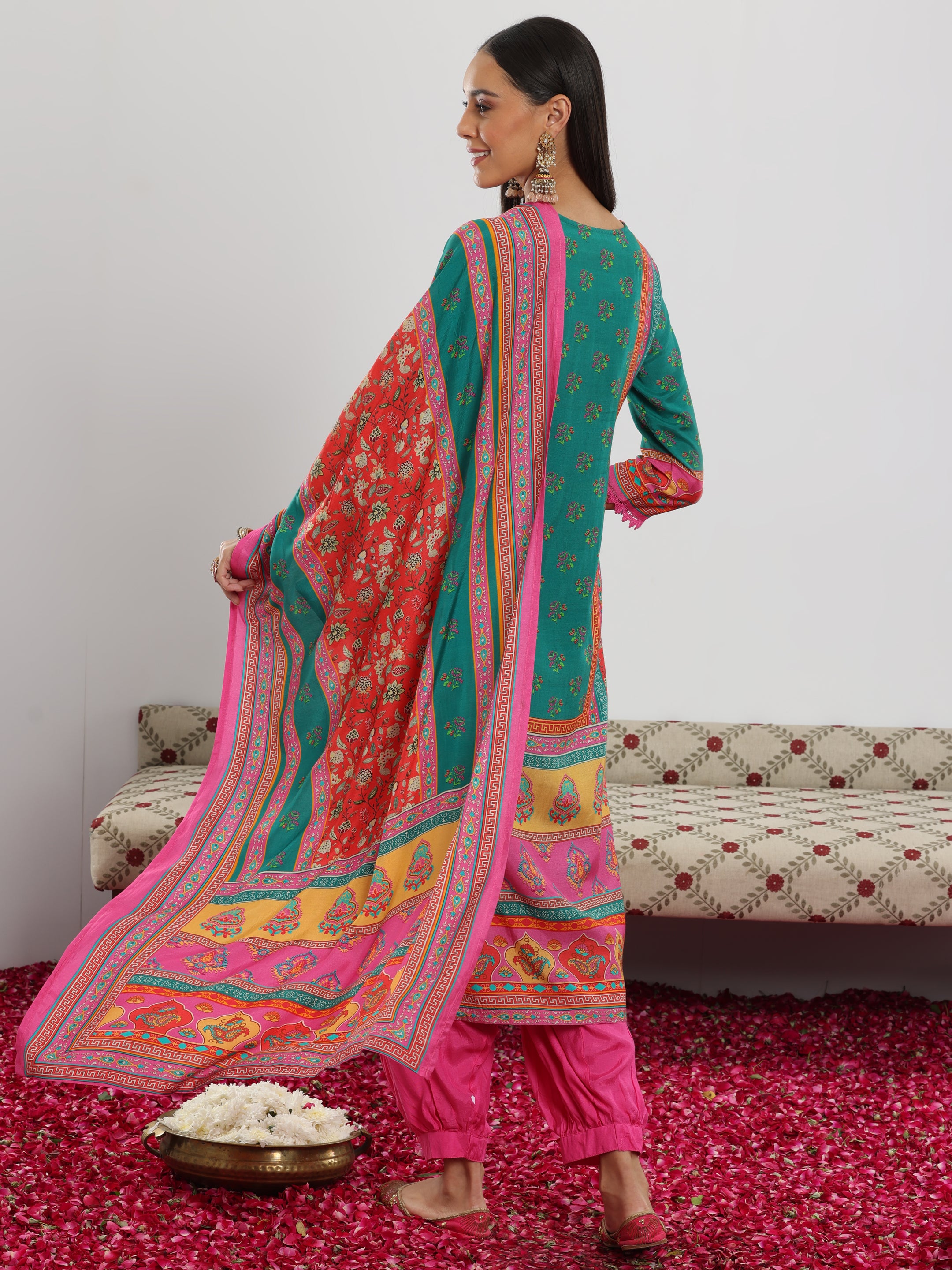 Multi Printed Silk Blend Straight Suit With Dupatta