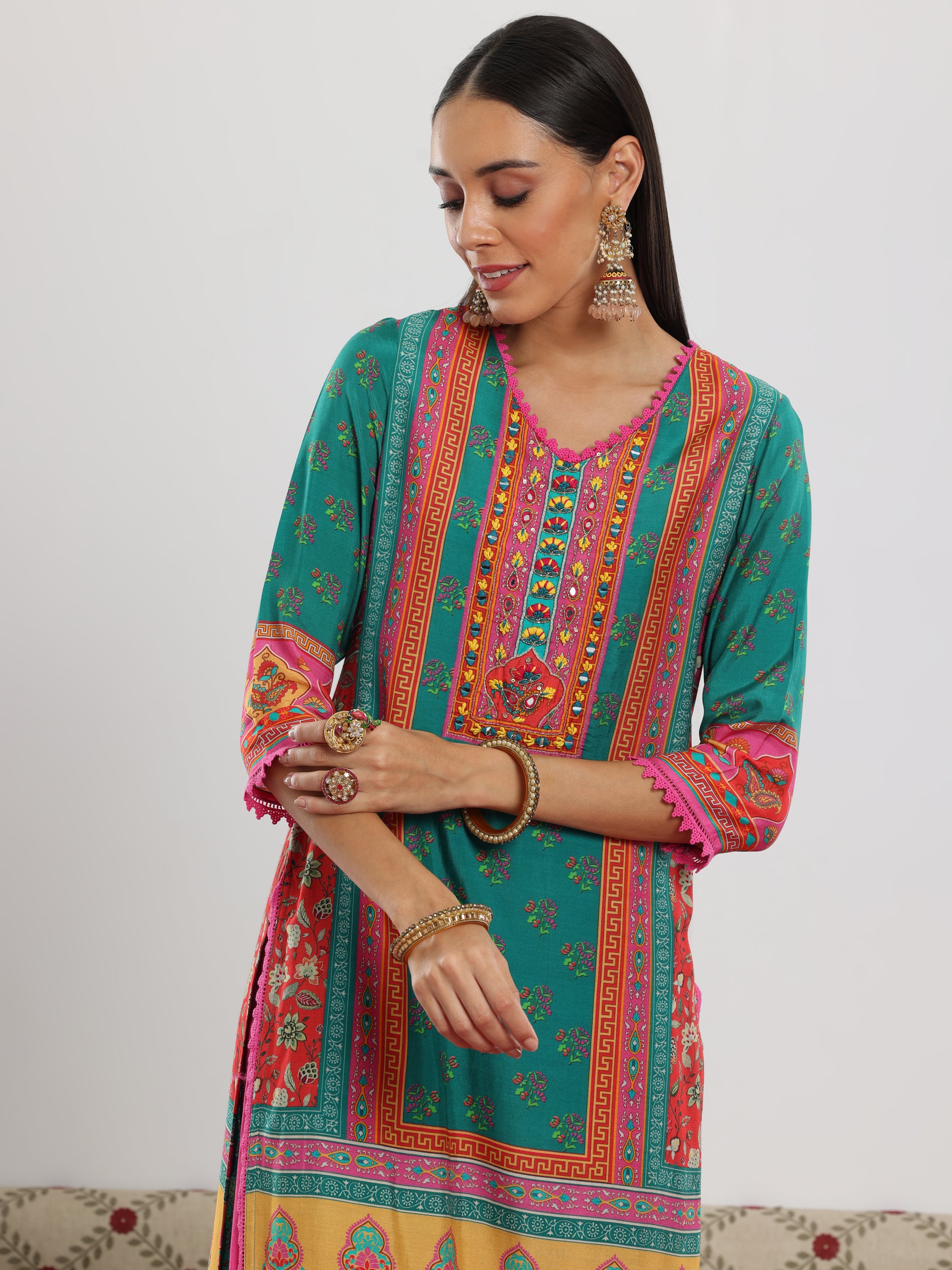 Multi Printed Silk Blend Straight Suit With Dupatta