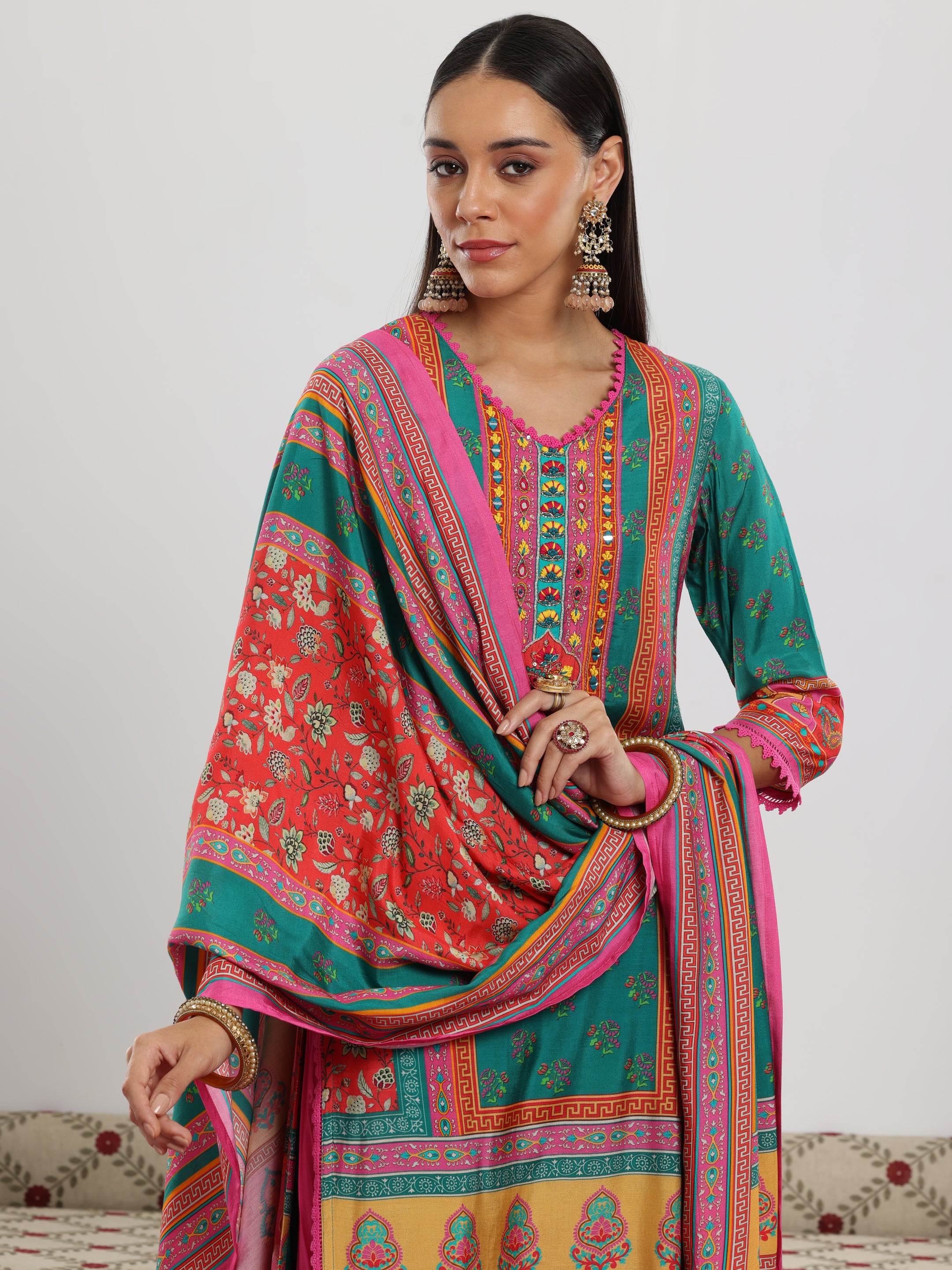 Multi Printed Silk Blend Straight Suit With Dupatta