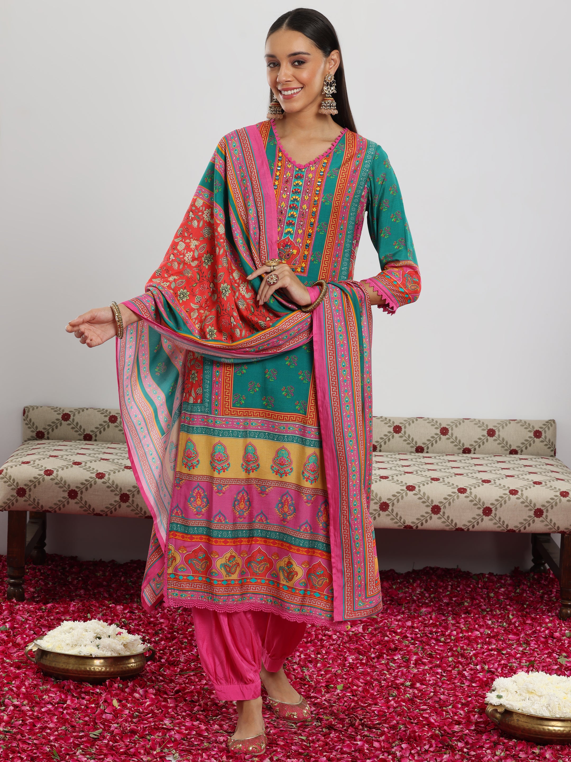 Multi Printed Silk Blend Straight Suit With Dupatta