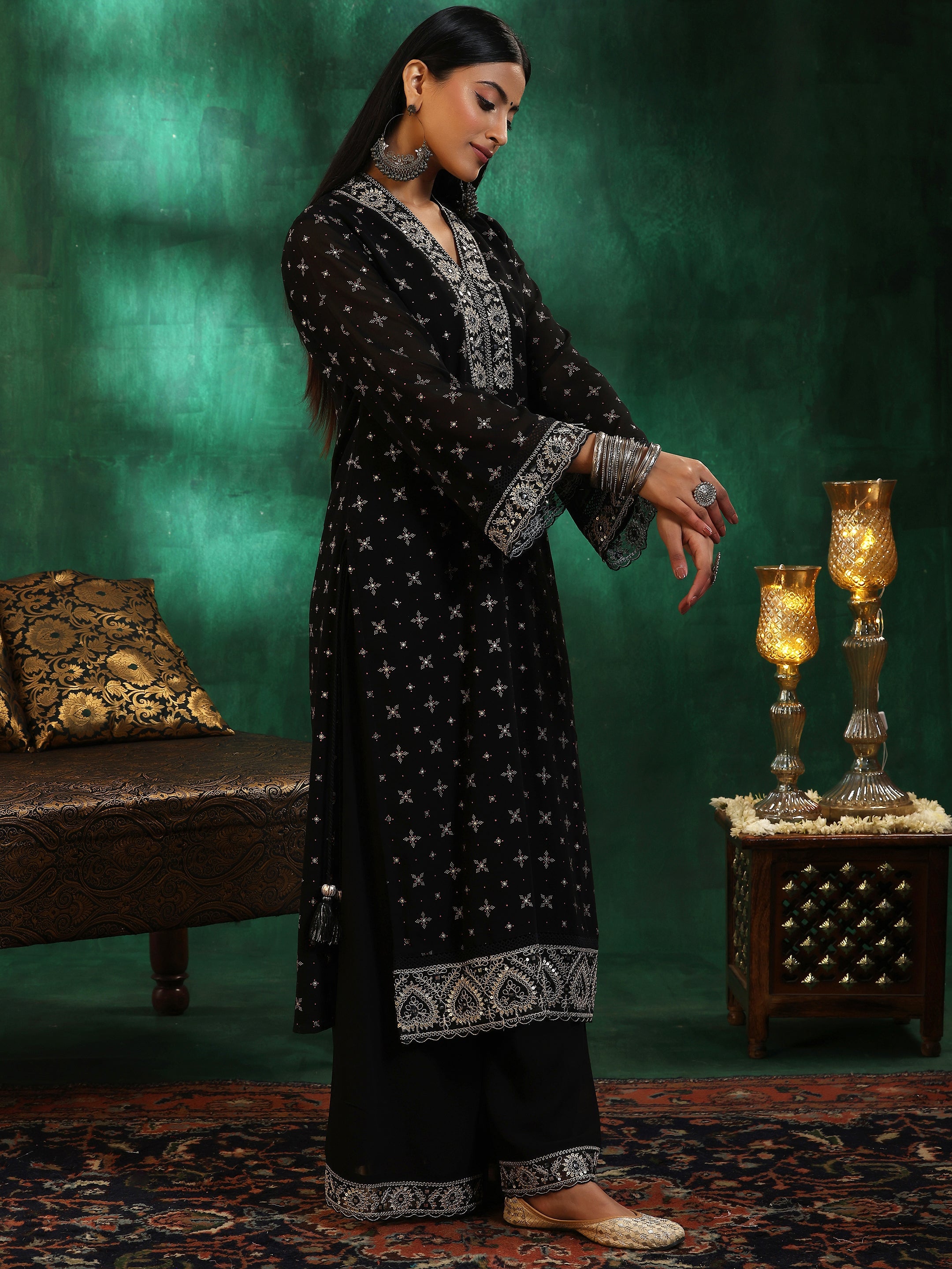 Black Printed Georgette Straight Suit With Dupatta