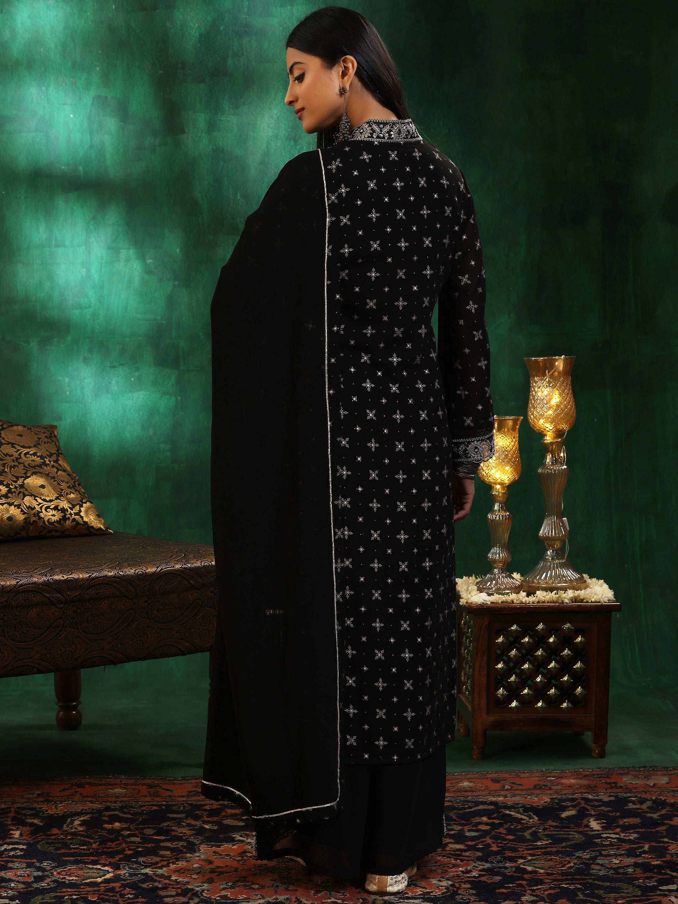 Black Printed Georgette Straight Suit With Dupatta