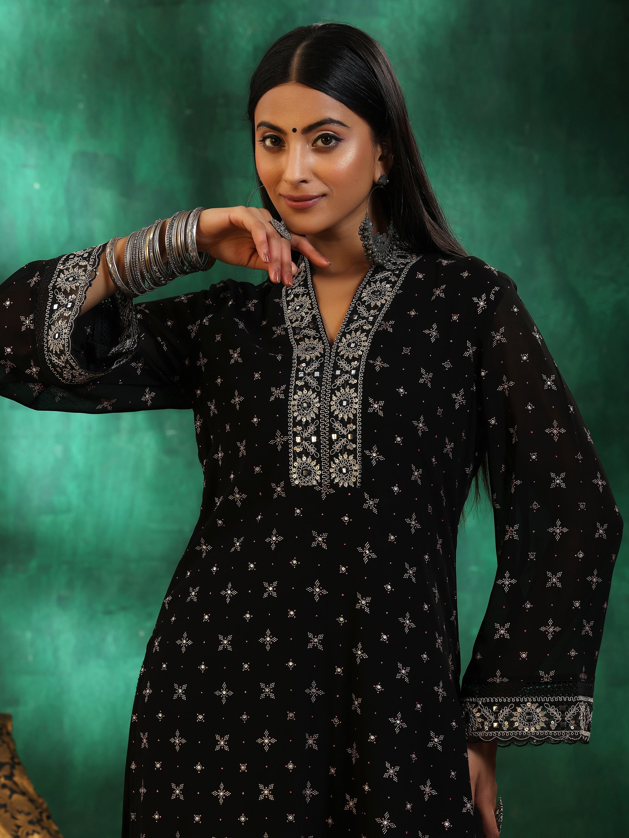 Black Printed Georgette Straight Suit With Dupatta