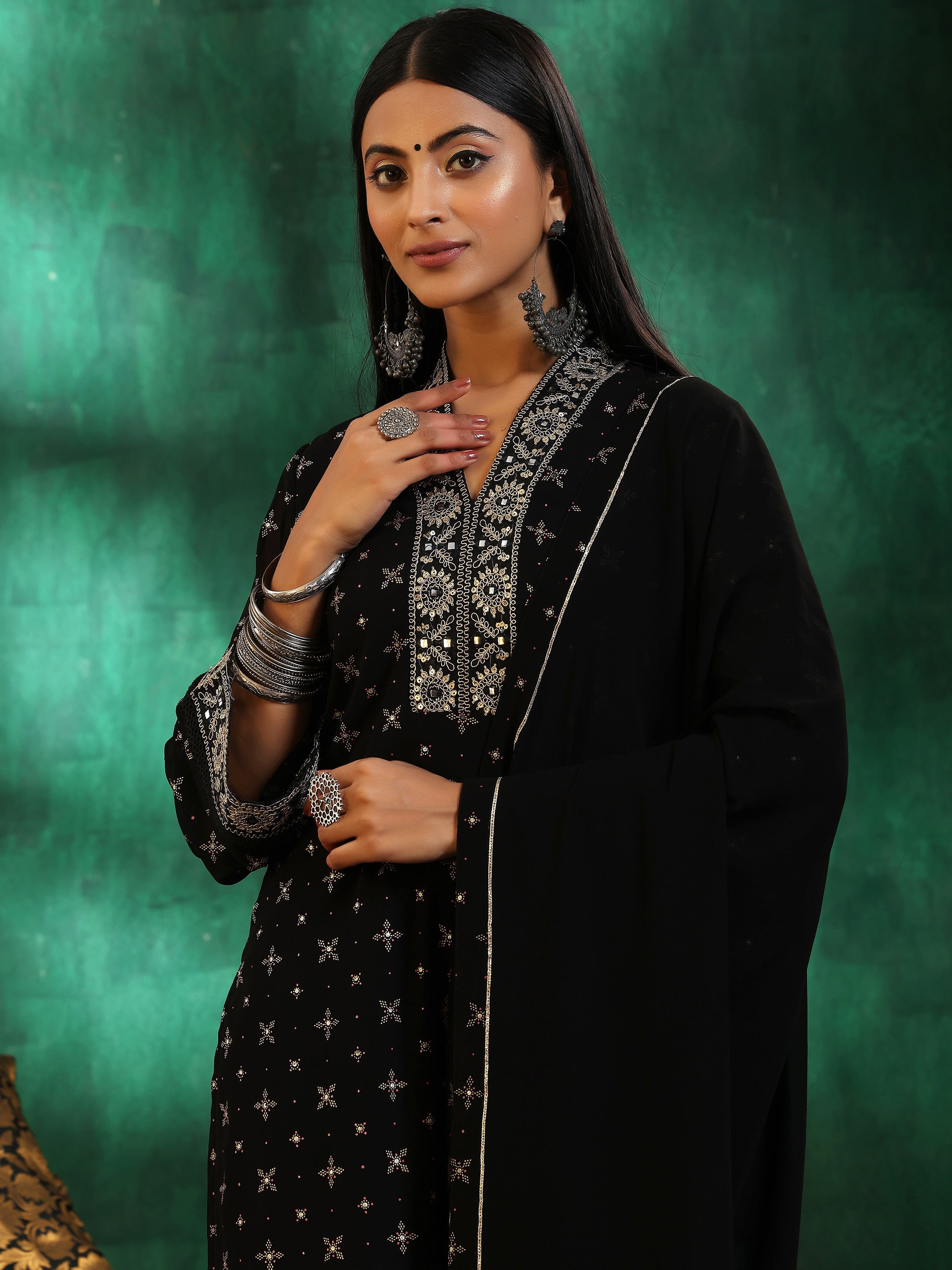 Black Printed Georgette Straight Suit With Dupatta