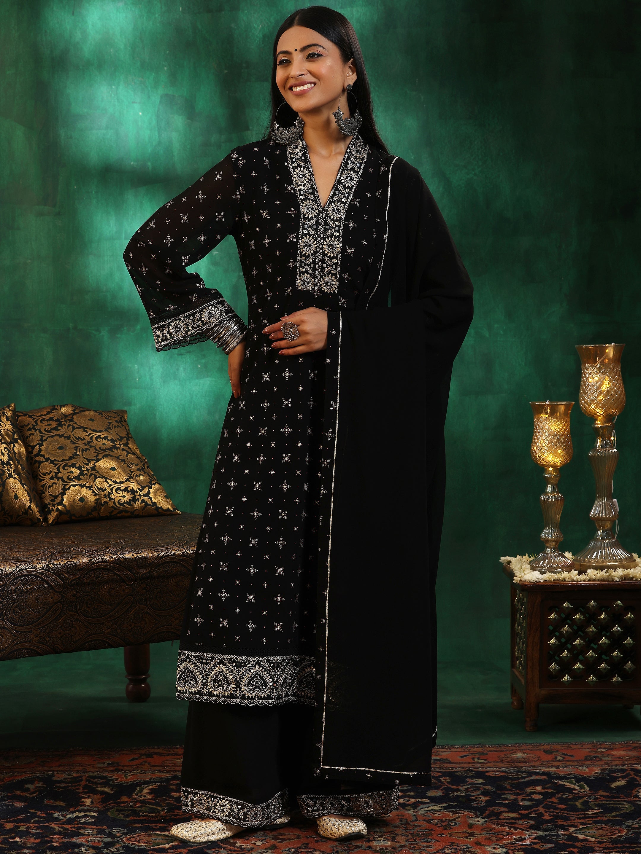 Black Printed Georgette Straight Suit With Dupatta