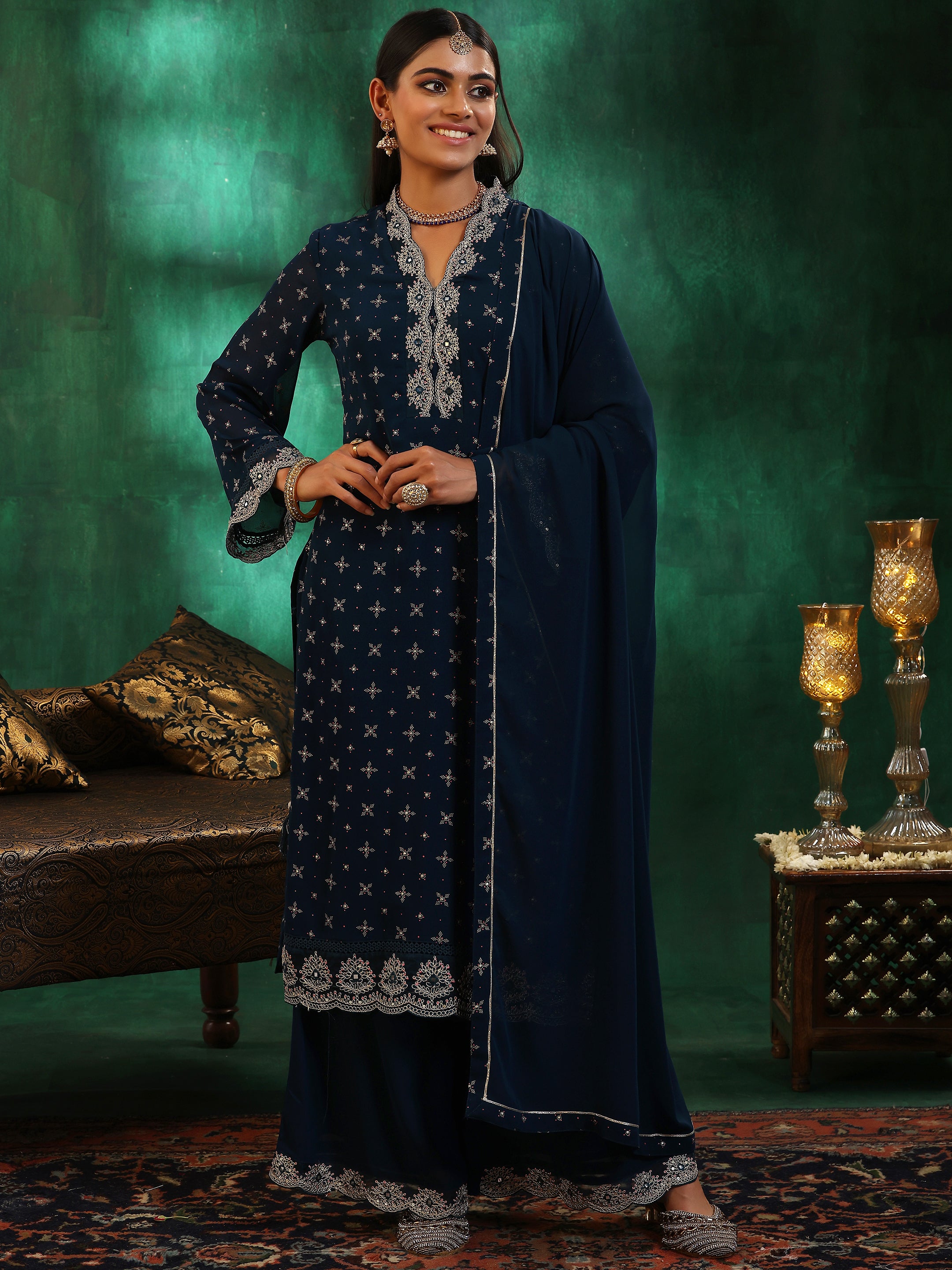 Blue Printed Georgette Straight Suit With Dupatta