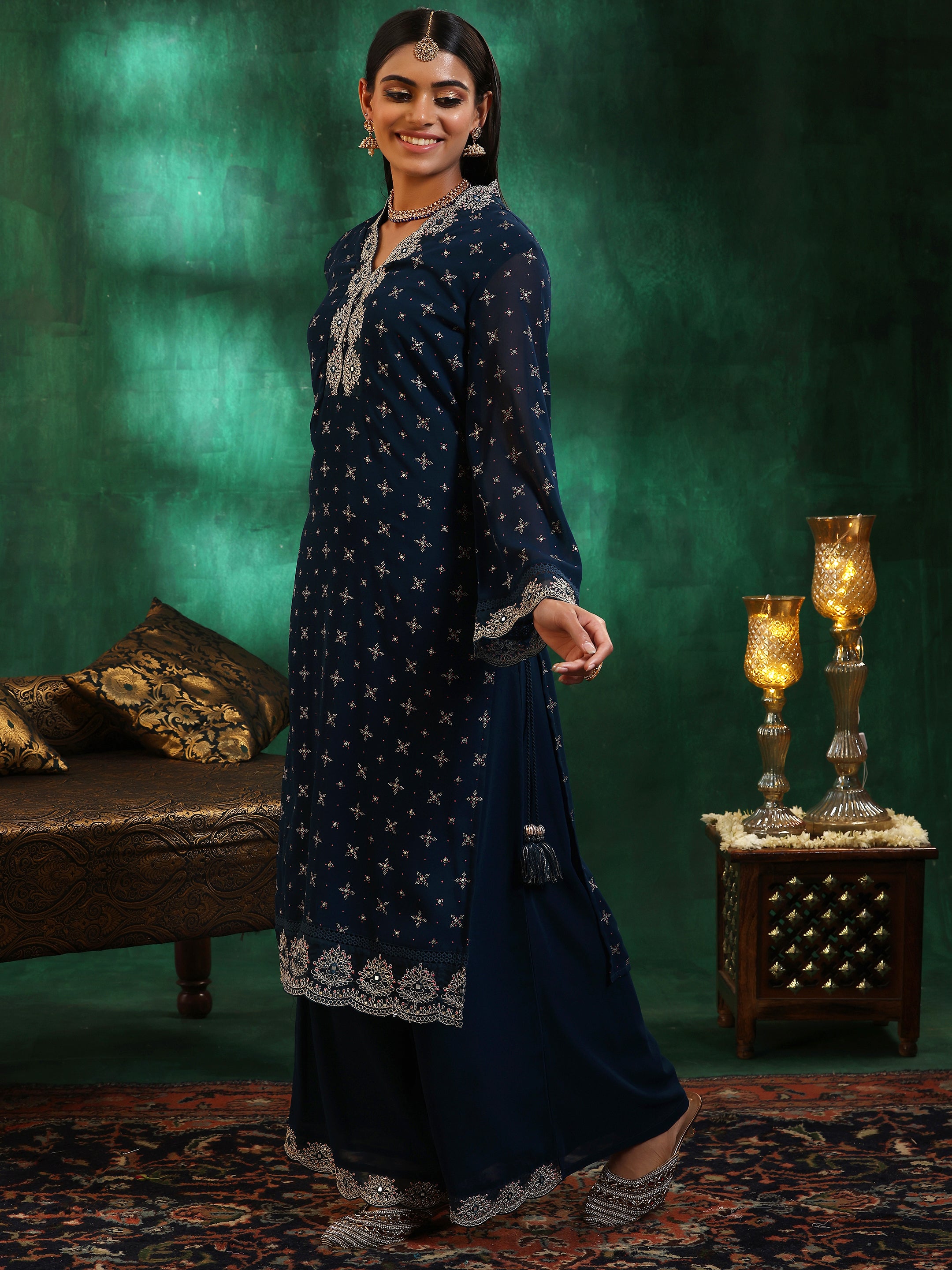 Blue Printed Georgette Straight Suit With Dupatta