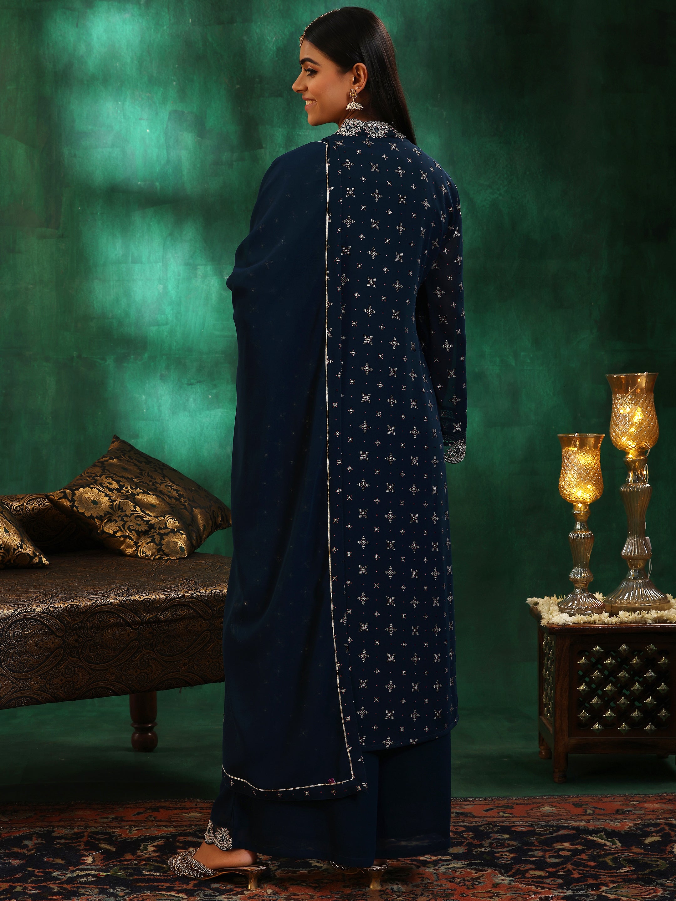 Blue Printed Georgette Straight Suit With Dupatta