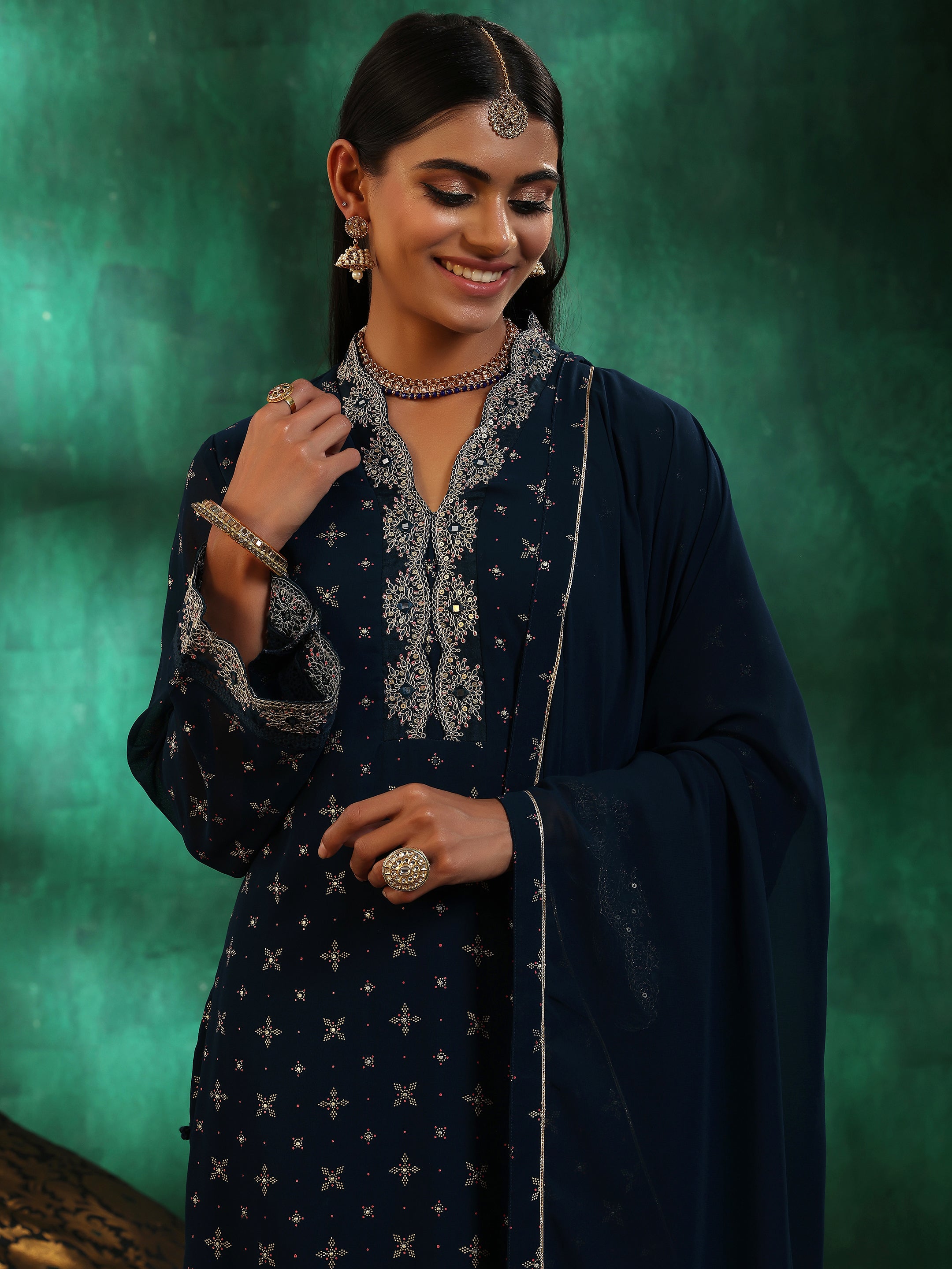 Blue Printed Georgette Straight Suit With Dupatta