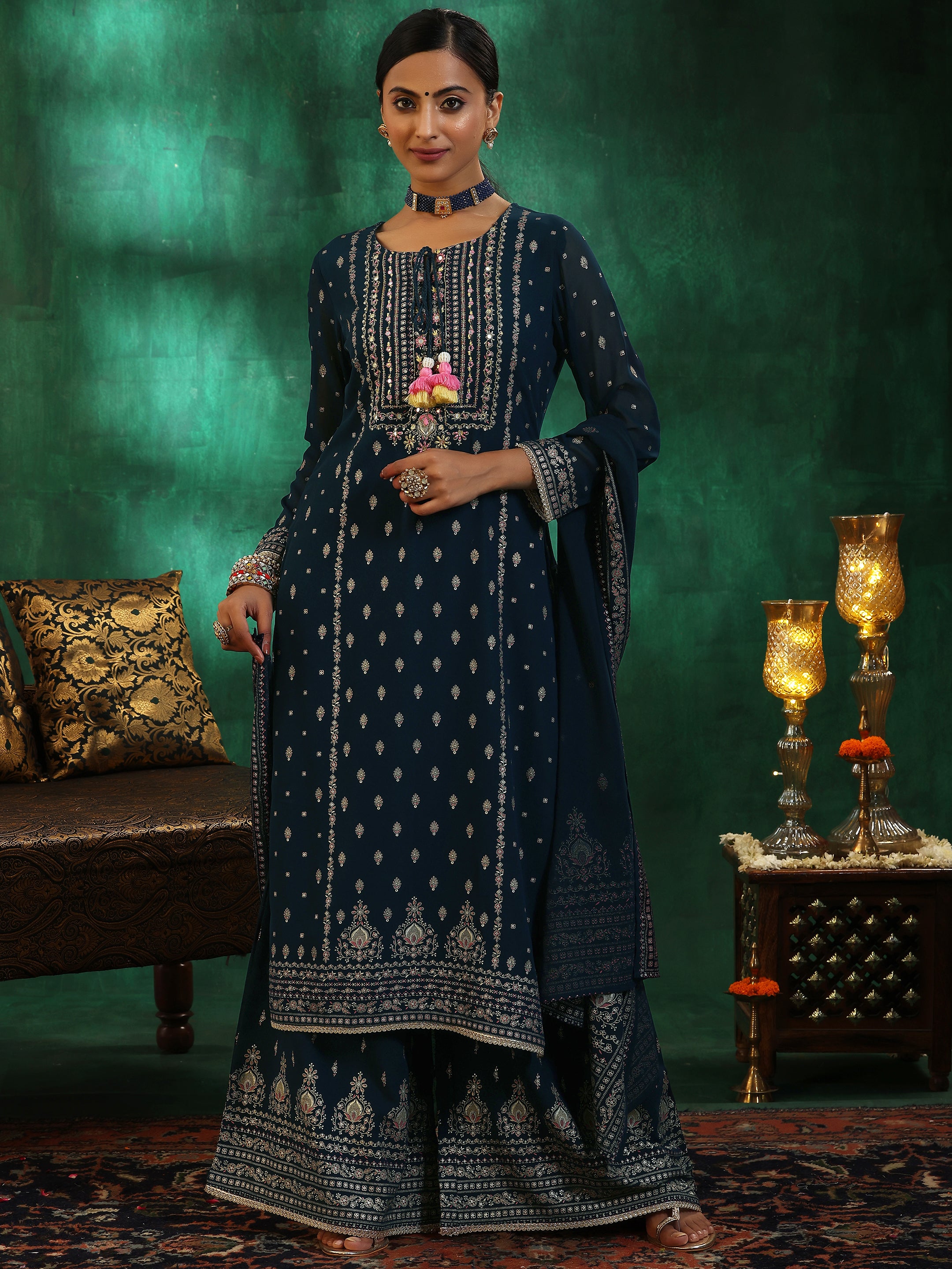 Blue Printed Georgette Straight Suit With Dupatta