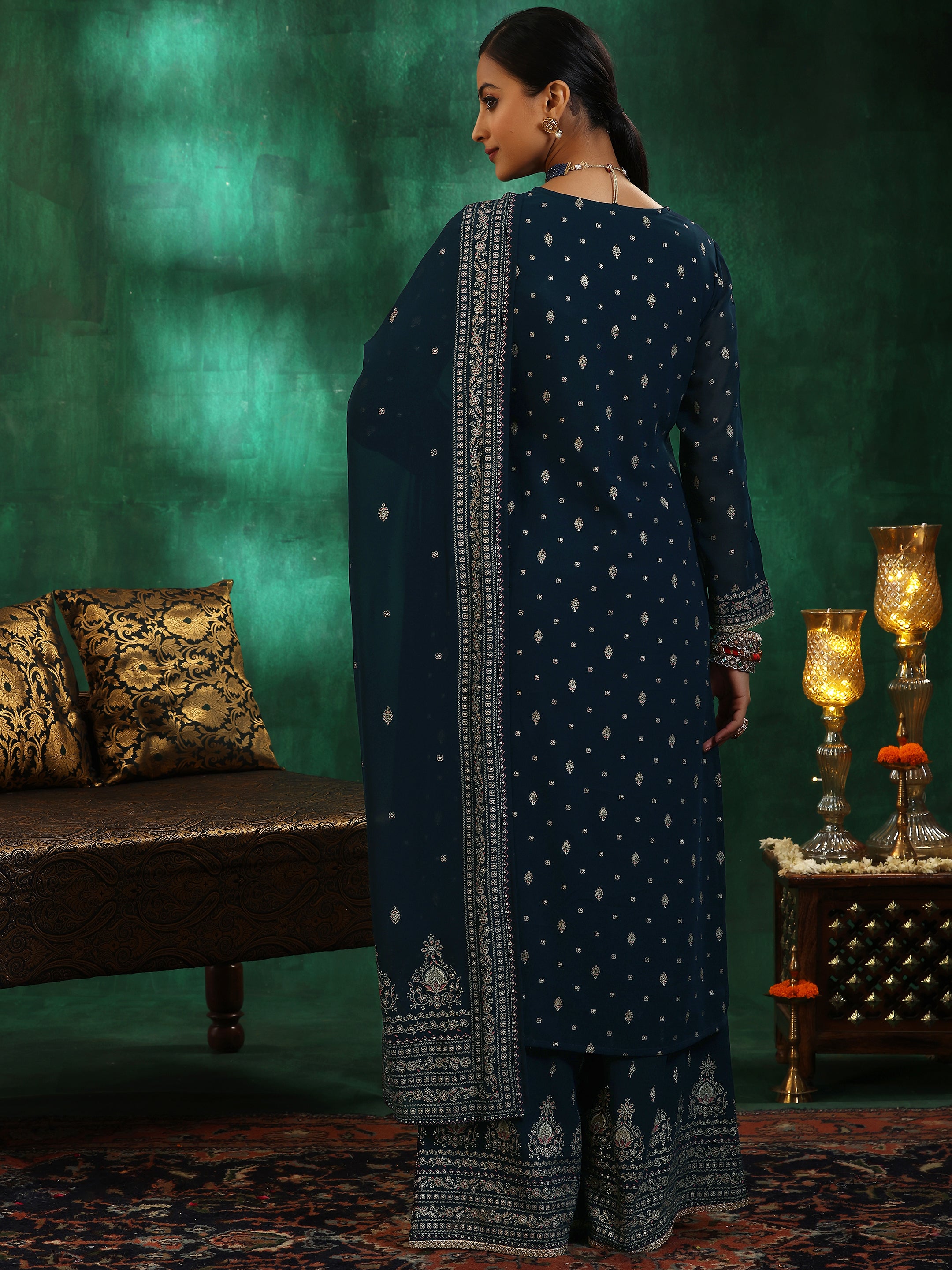 Blue Printed Georgette Straight Suit With Dupatta