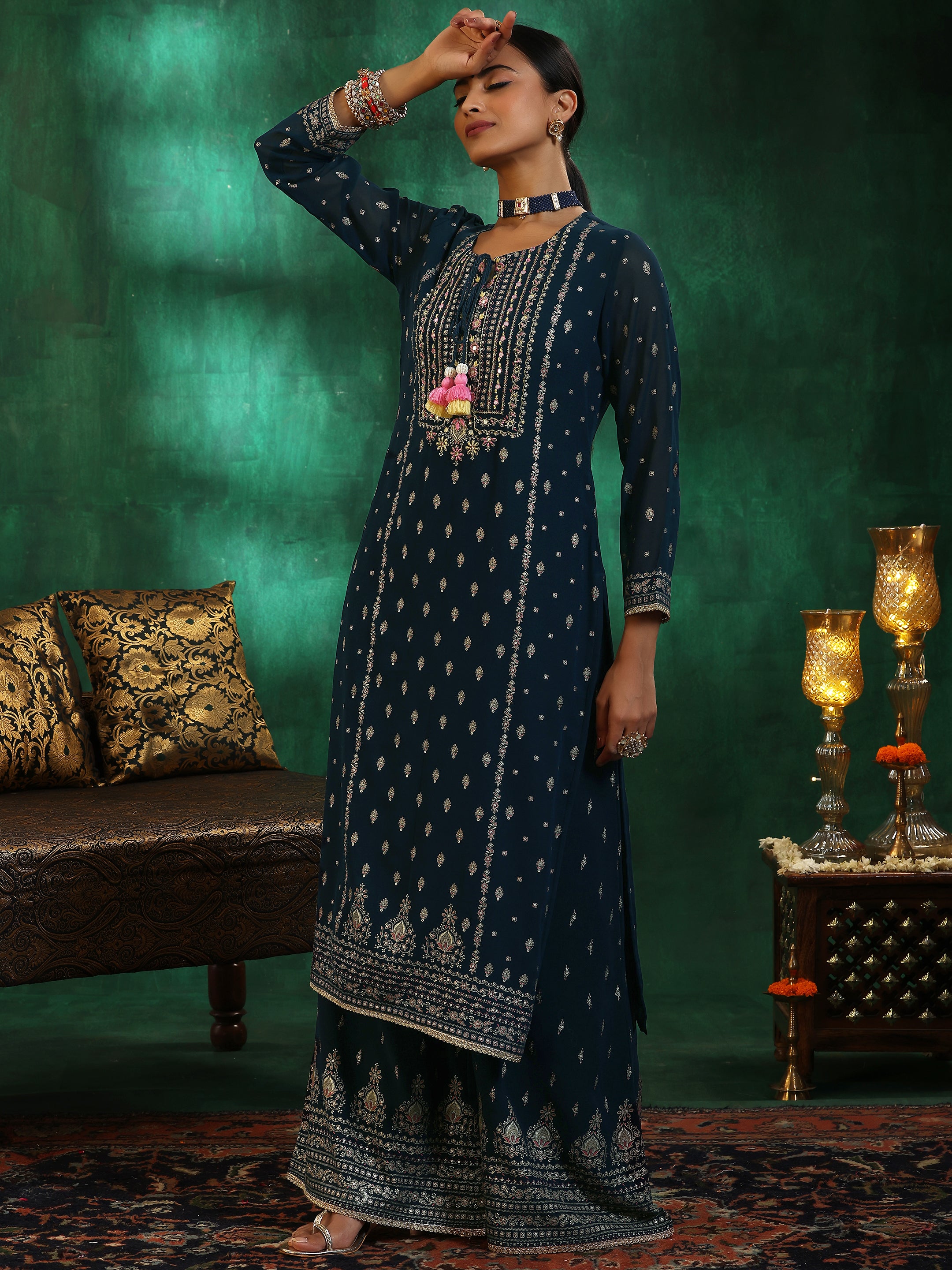 Blue Printed Georgette Straight Suit With Dupatta