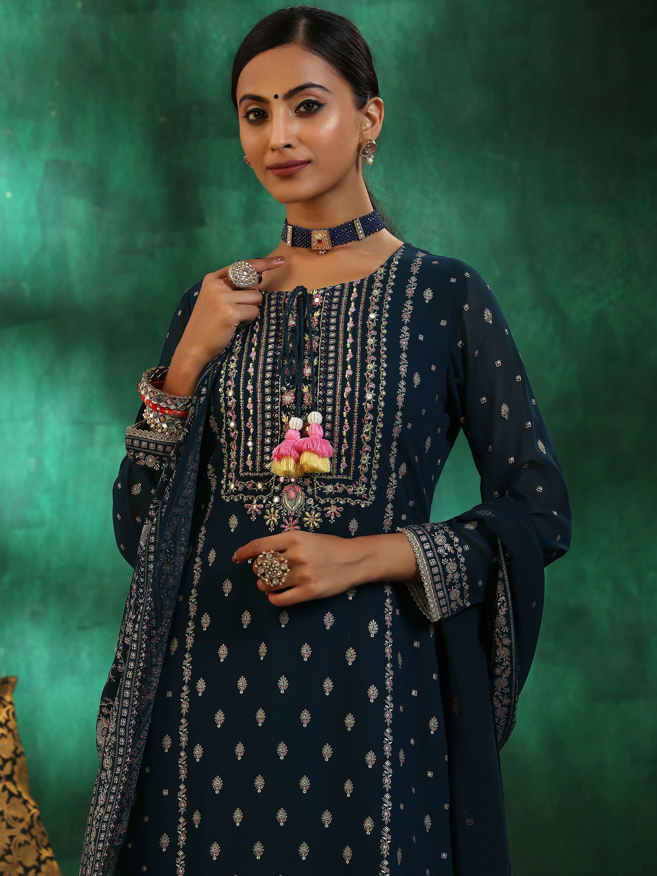 Blue Printed Georgette Straight Suit With Dupatta