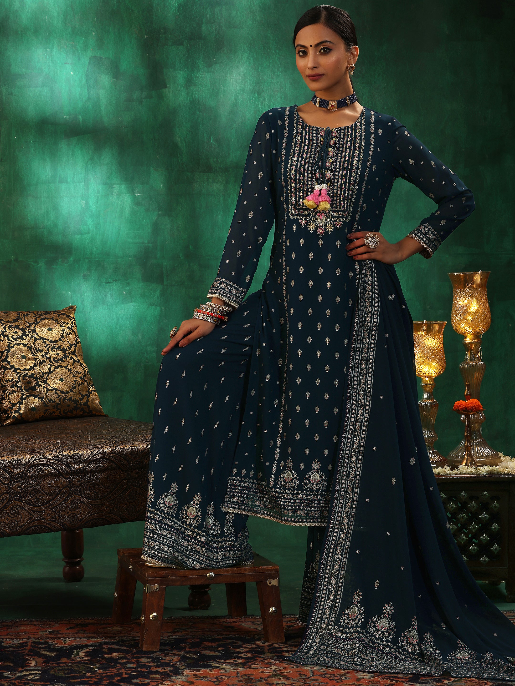 Blue Printed Georgette Straight Suit With Dupatta