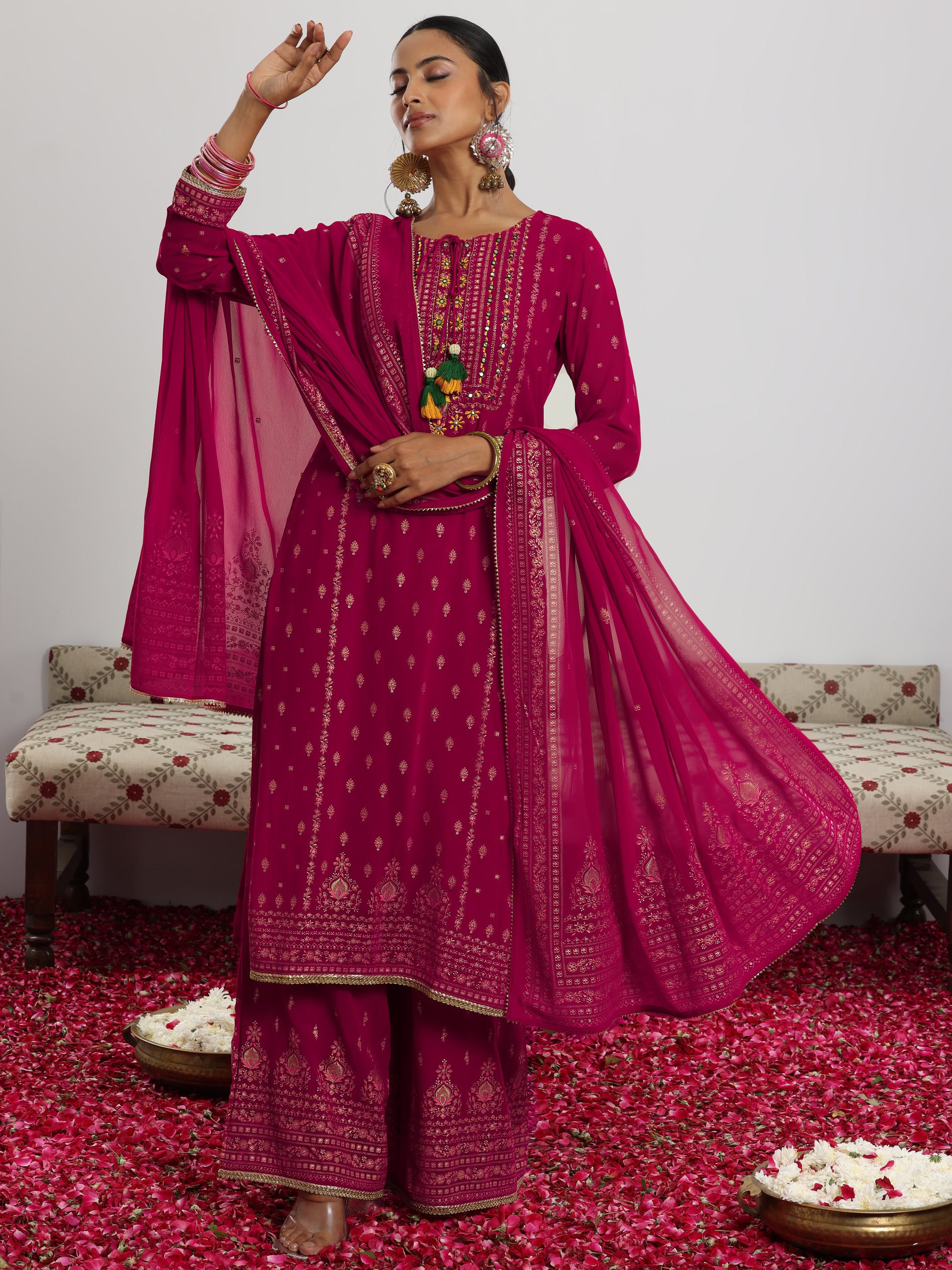 Pink Printed Georgette Straight Suit With Dupatta