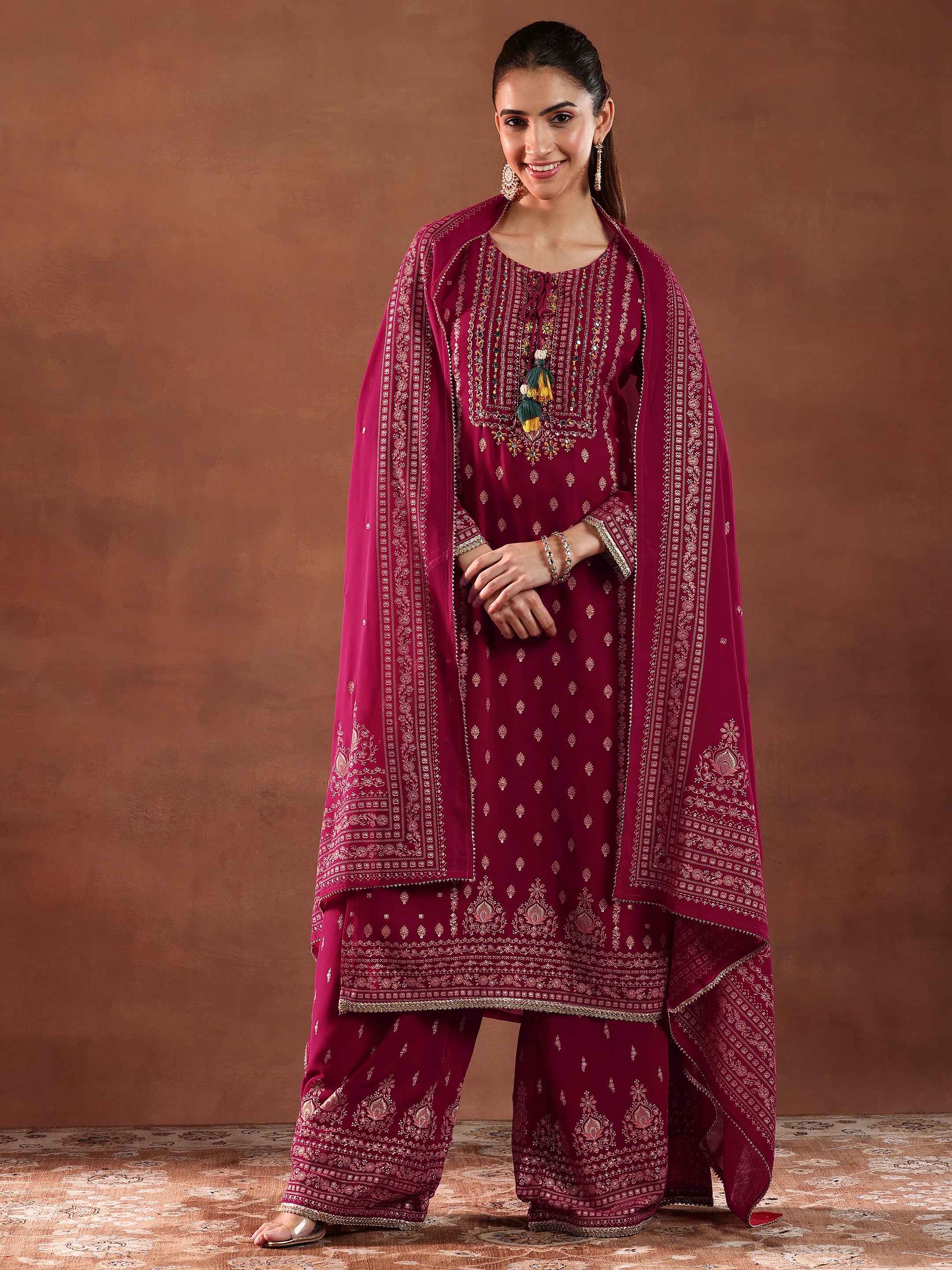 Pink Printed Georgette Straight Suit With Dupatta