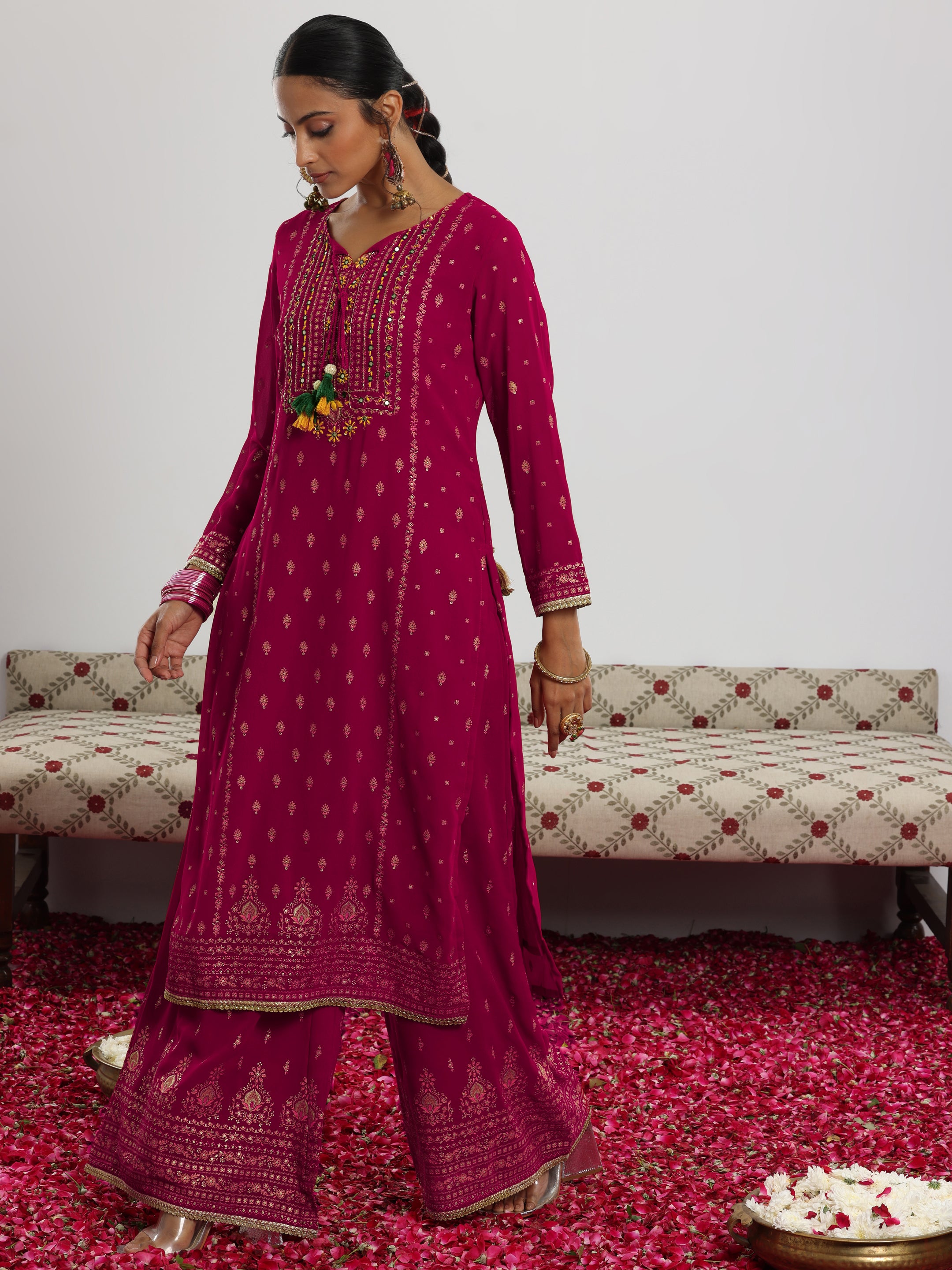 Pink Printed Georgette Straight Suit With Dupatta