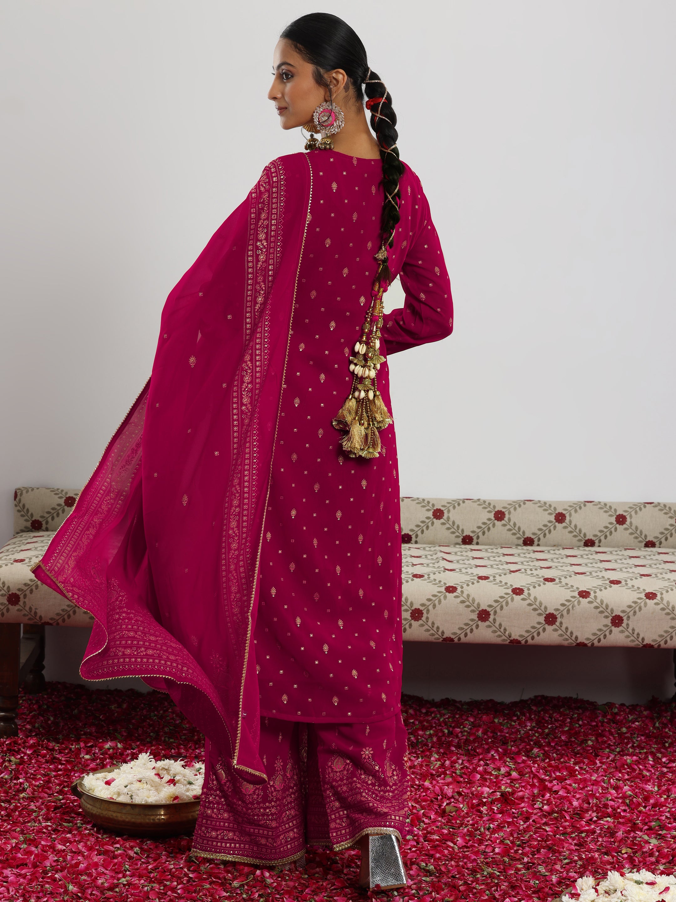 Pink Printed Georgette Straight Suit With Dupatta