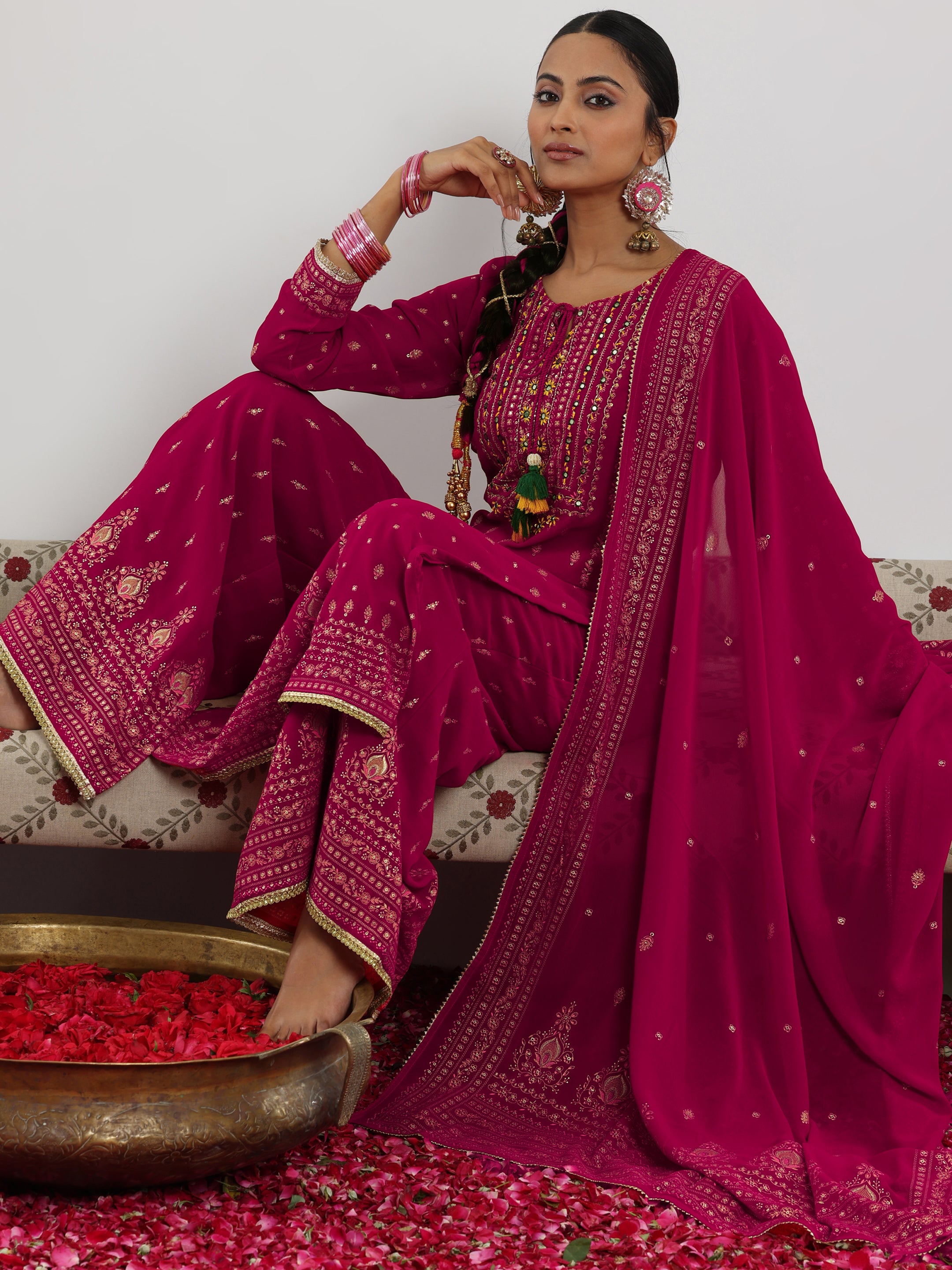 Pink Printed Georgette Straight Suit With Dupatta