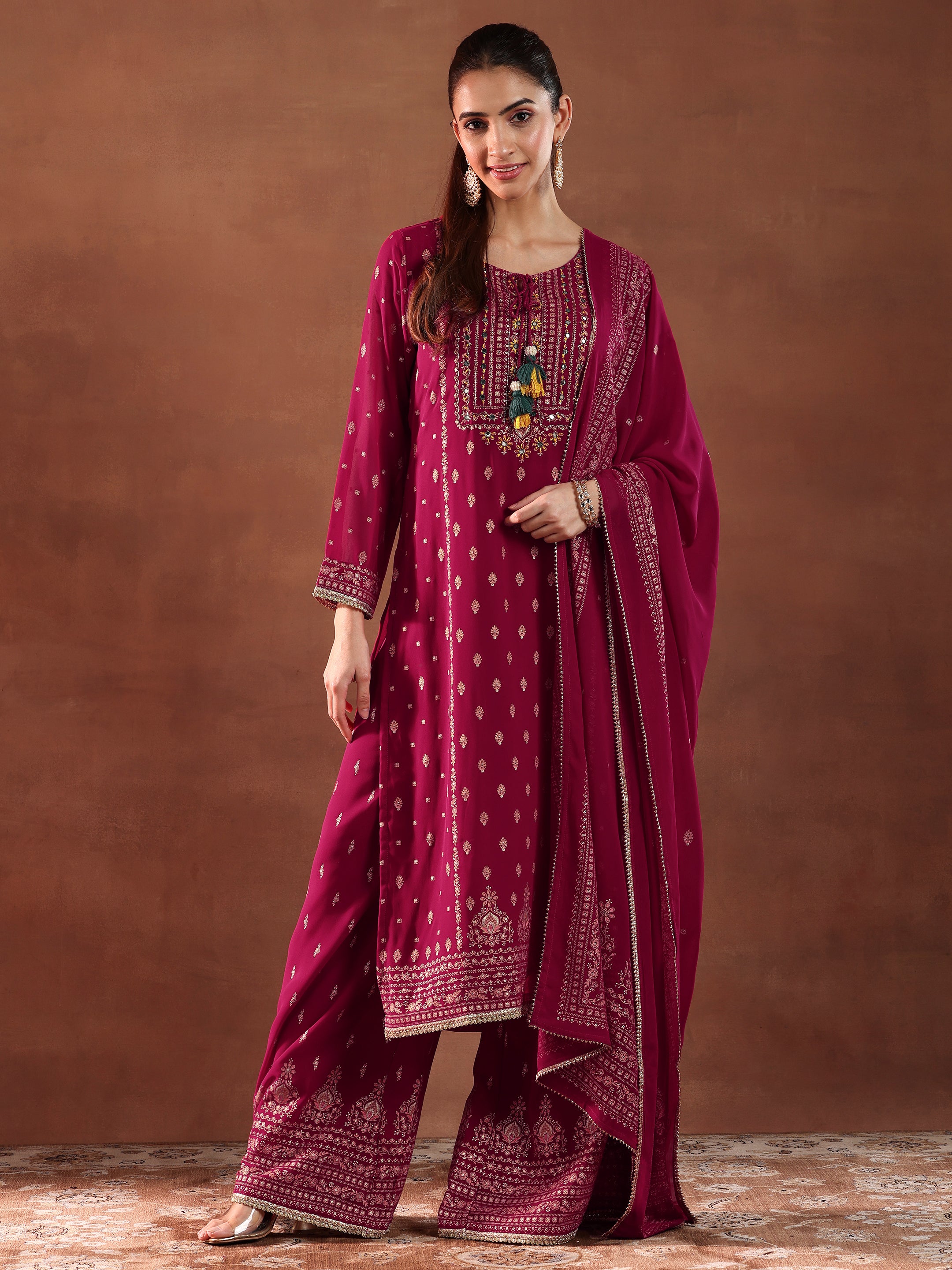 Pink Printed Georgette Straight Suit With Dupatta