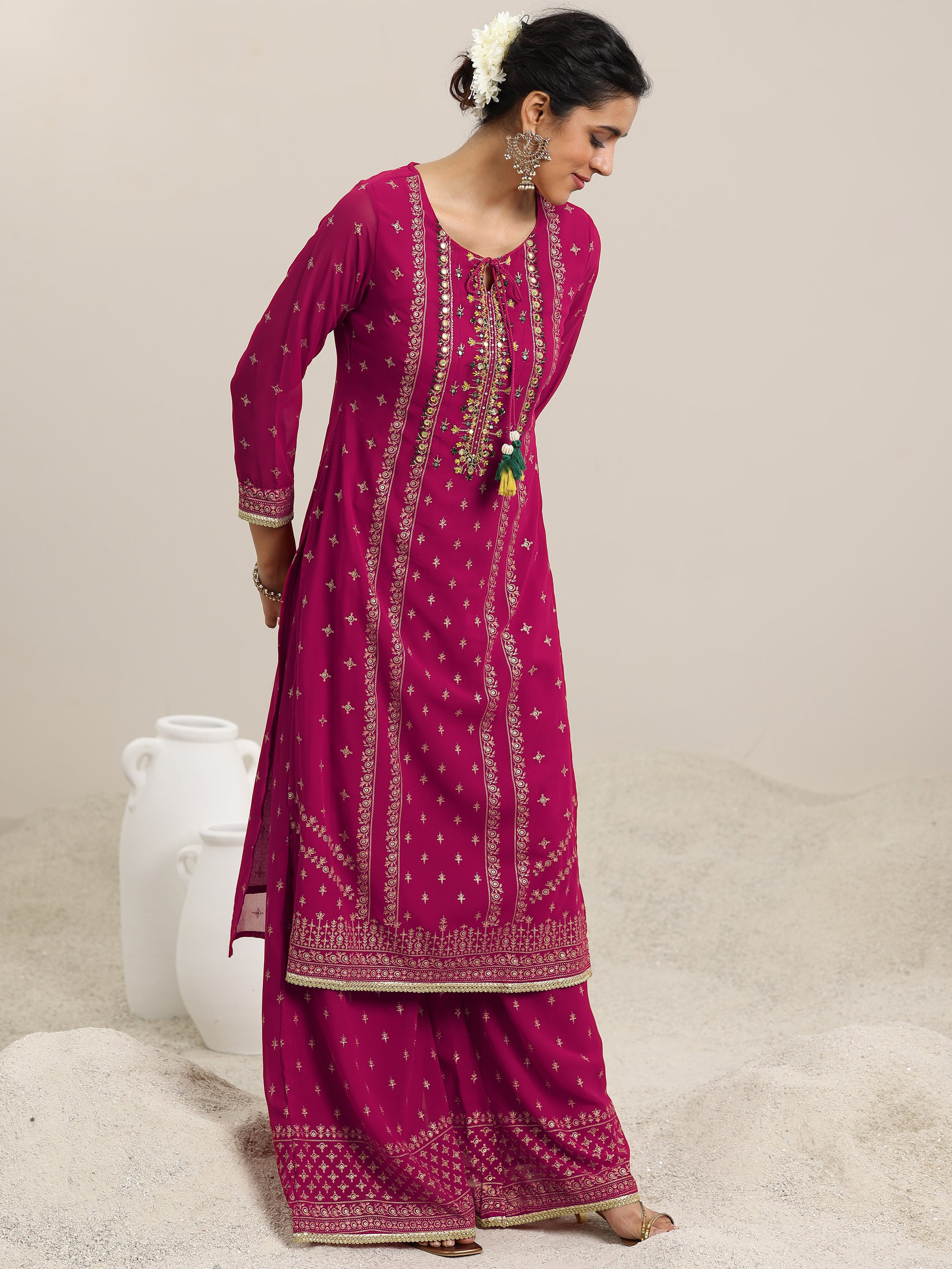 Pink Printed Georgette Straight Suit With Dupatta