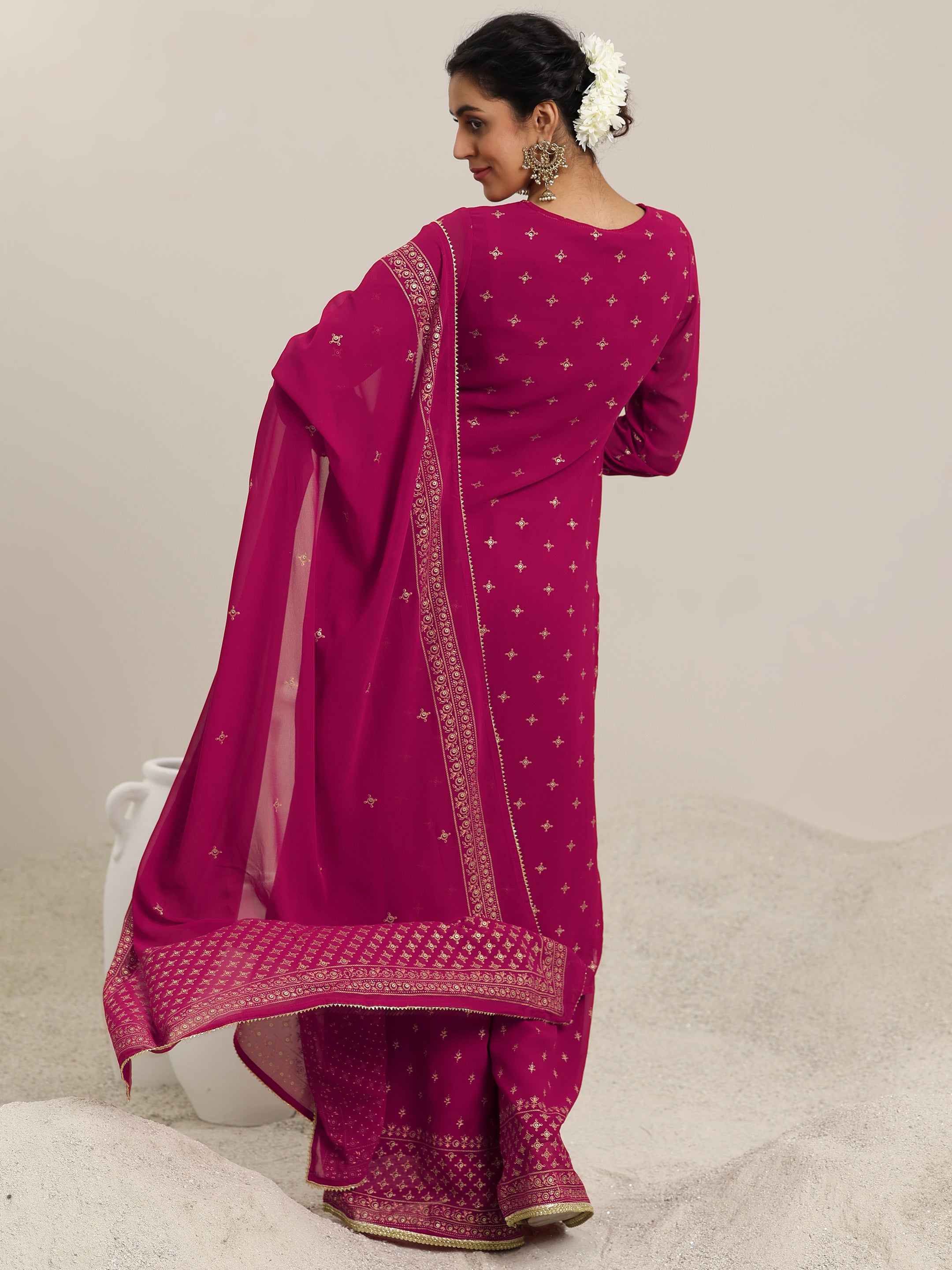 Pink Printed Georgette Straight Suit With Dupatta