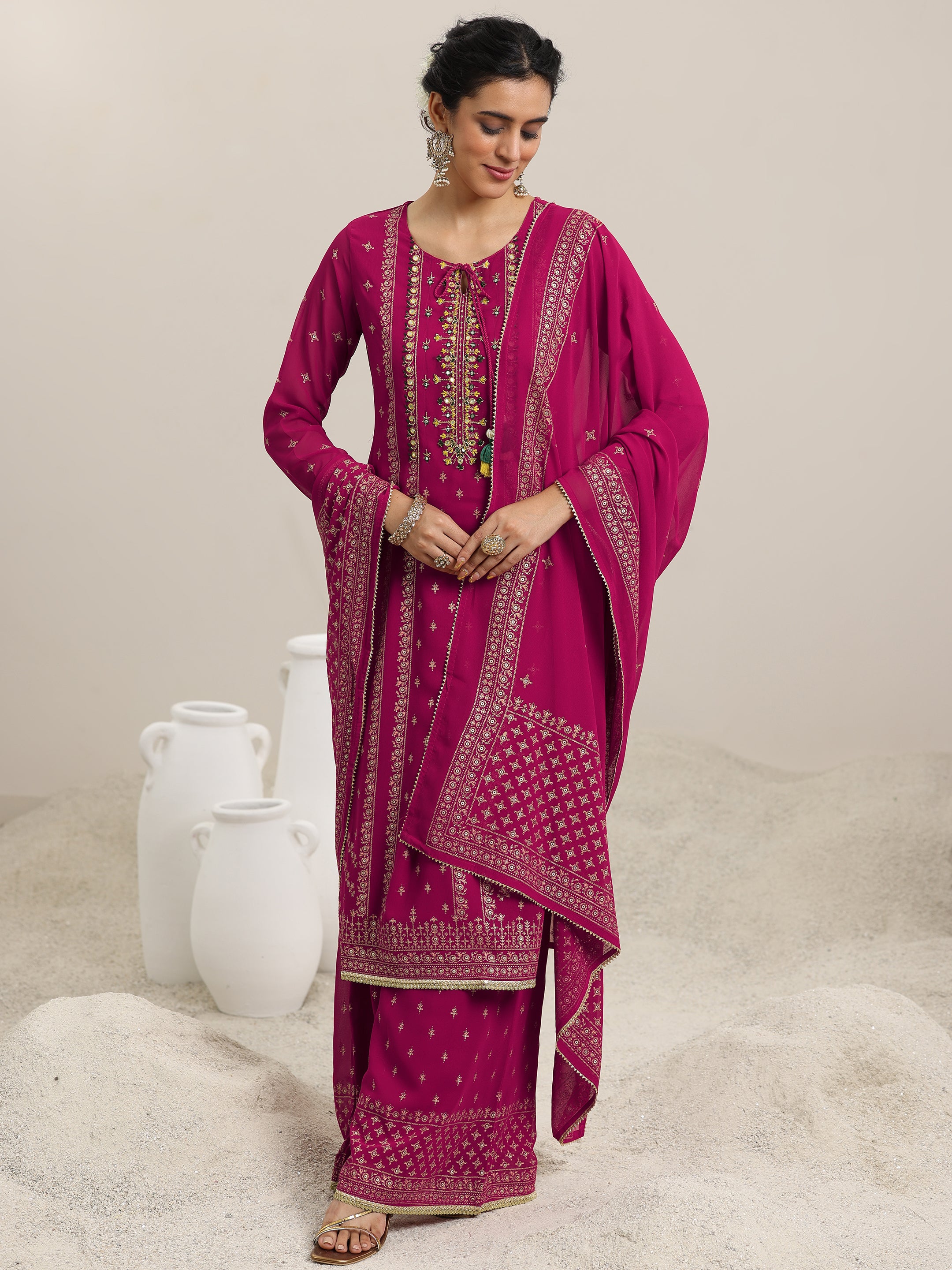 Pink Printed Georgette Straight Suit With Dupatta