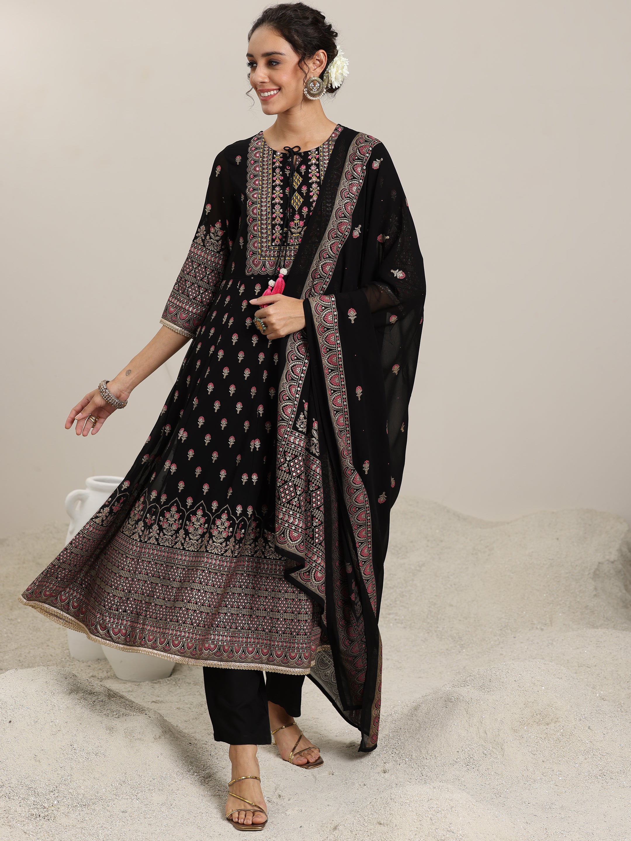 Black Printed Georgette Anarkali Suit With Dupatta