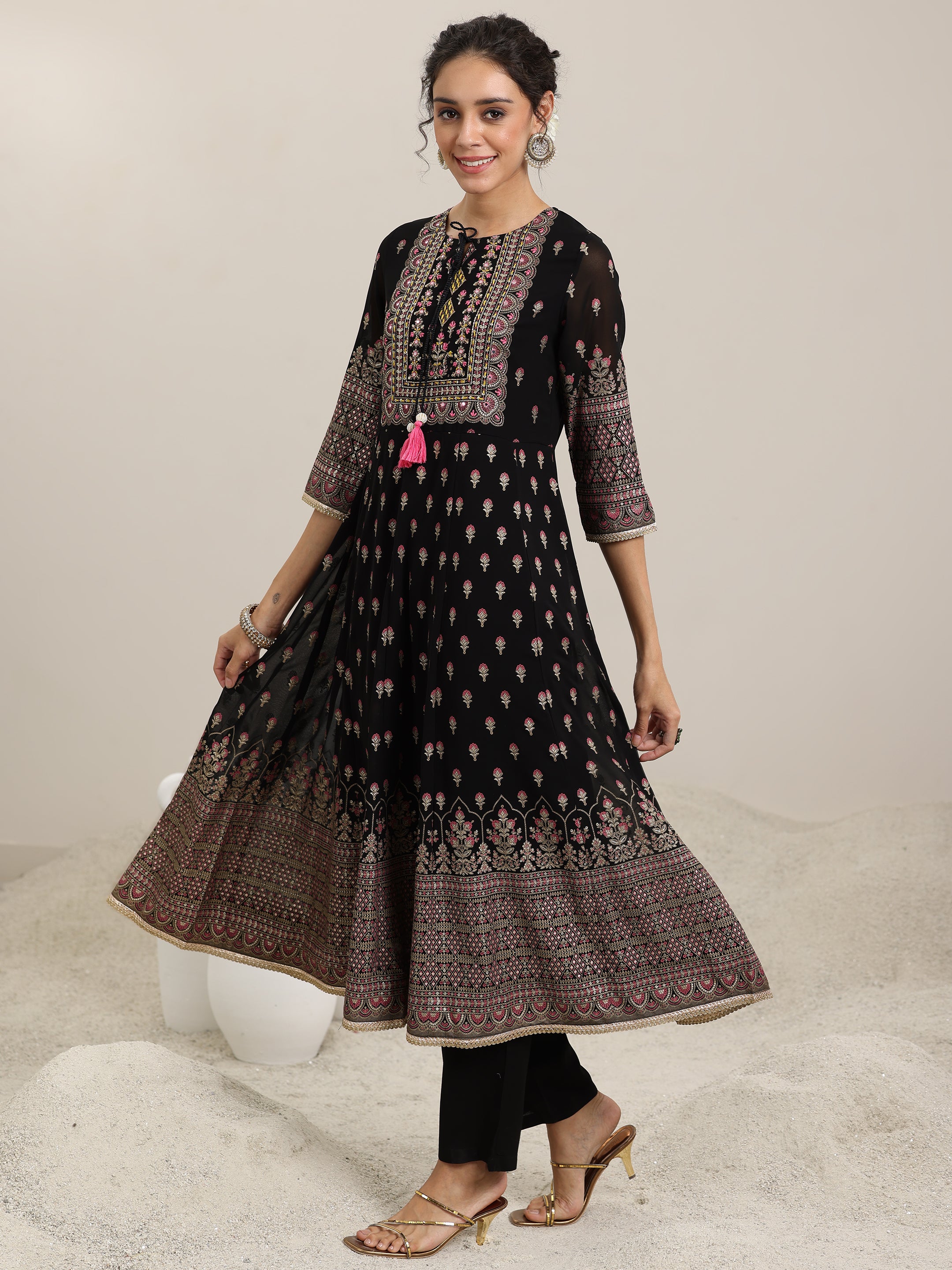 Black Printed Georgette Anarkali Suit With Dupatta