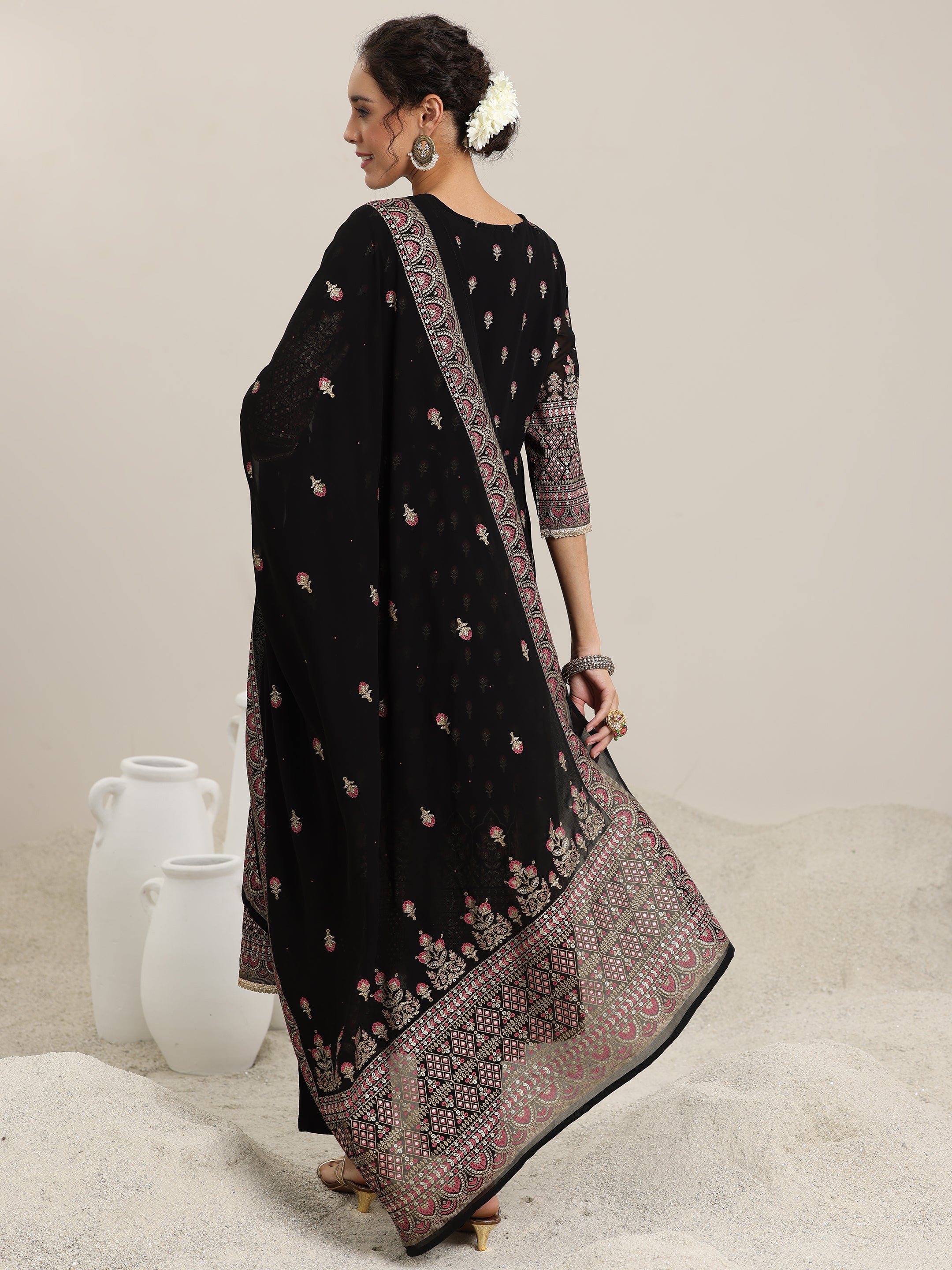 Black Printed Georgette Anarkali Suit With Dupatta